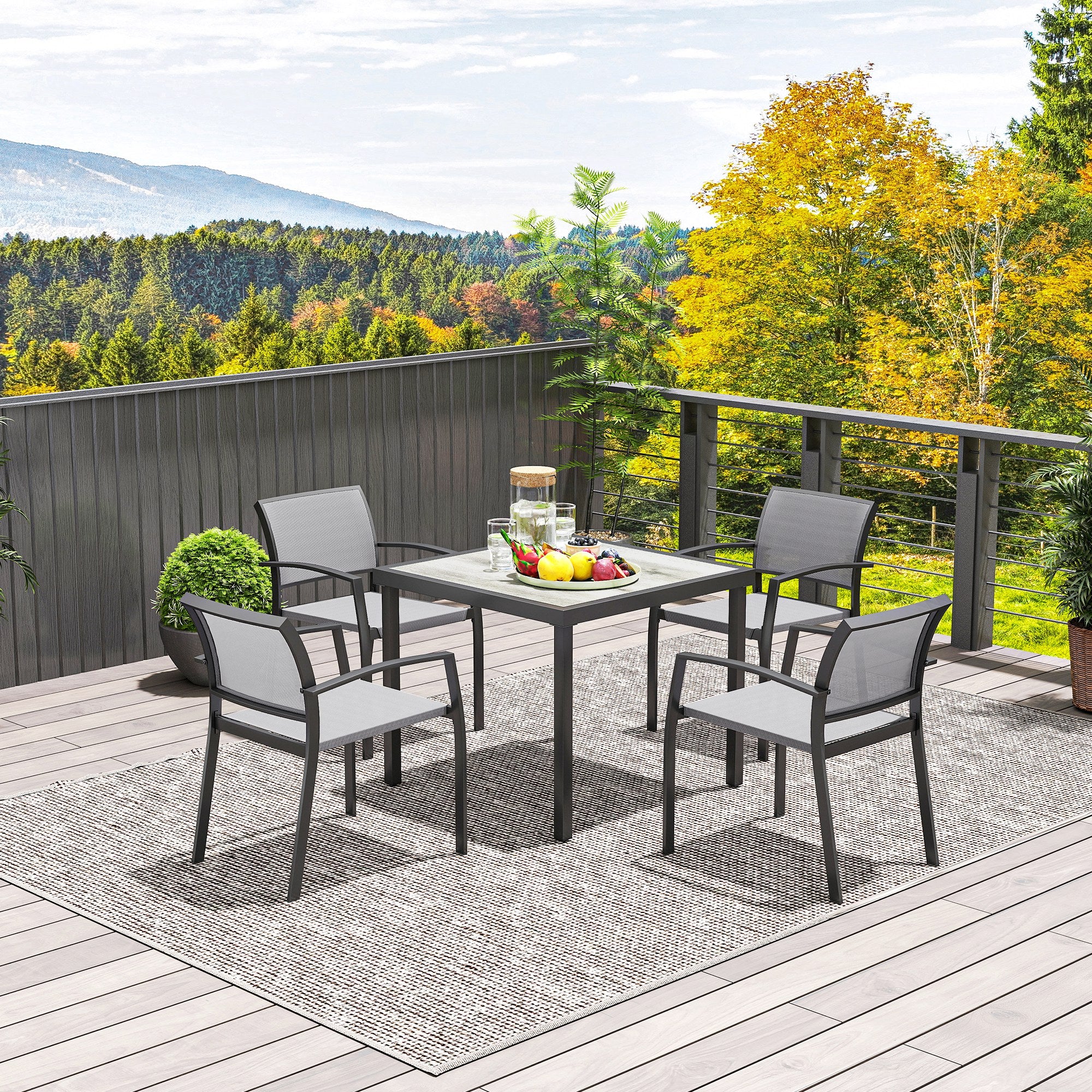 Five-Piece Outdoor Garden Dining Set, Square Table 4 Stackable Chairs, Grey