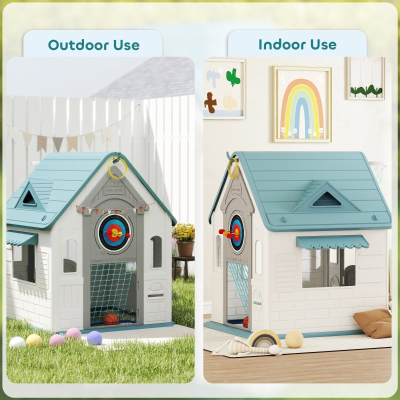 5-in-1 Playhouse for Kids Outdoor Indoor with Basketball Hoop, Football Goal, Dartboard, Ring Toss, Beige
