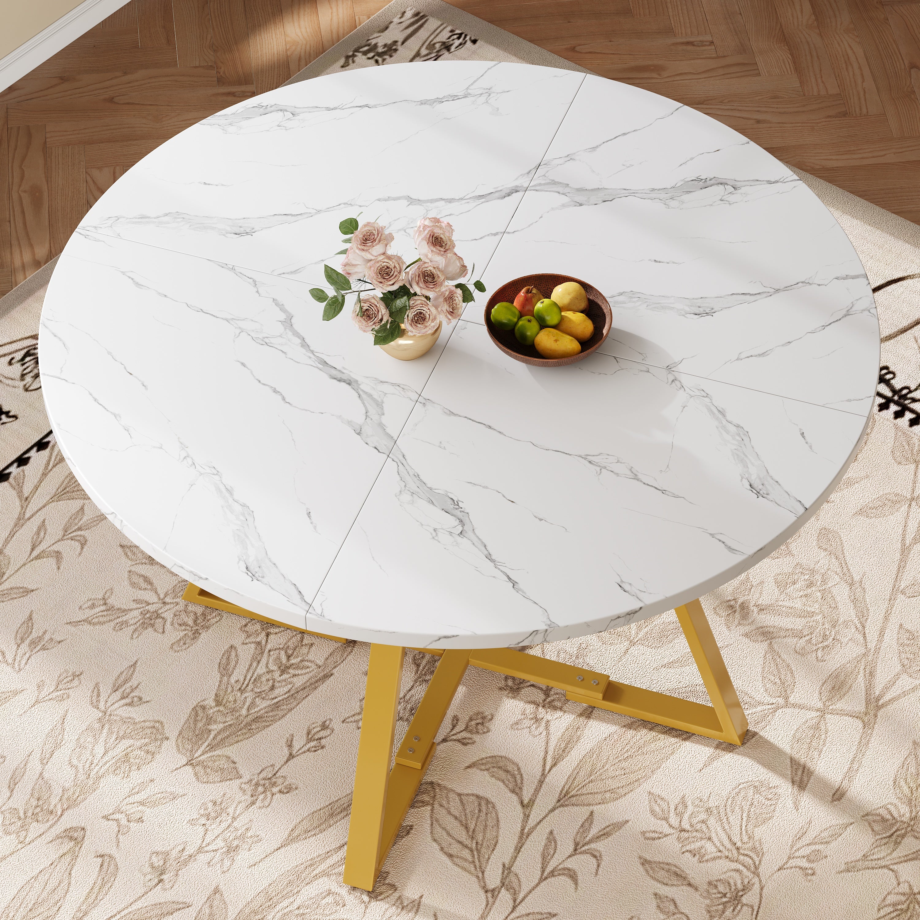 Round Dining Table, Marble Look with Metal Legs, Black/White