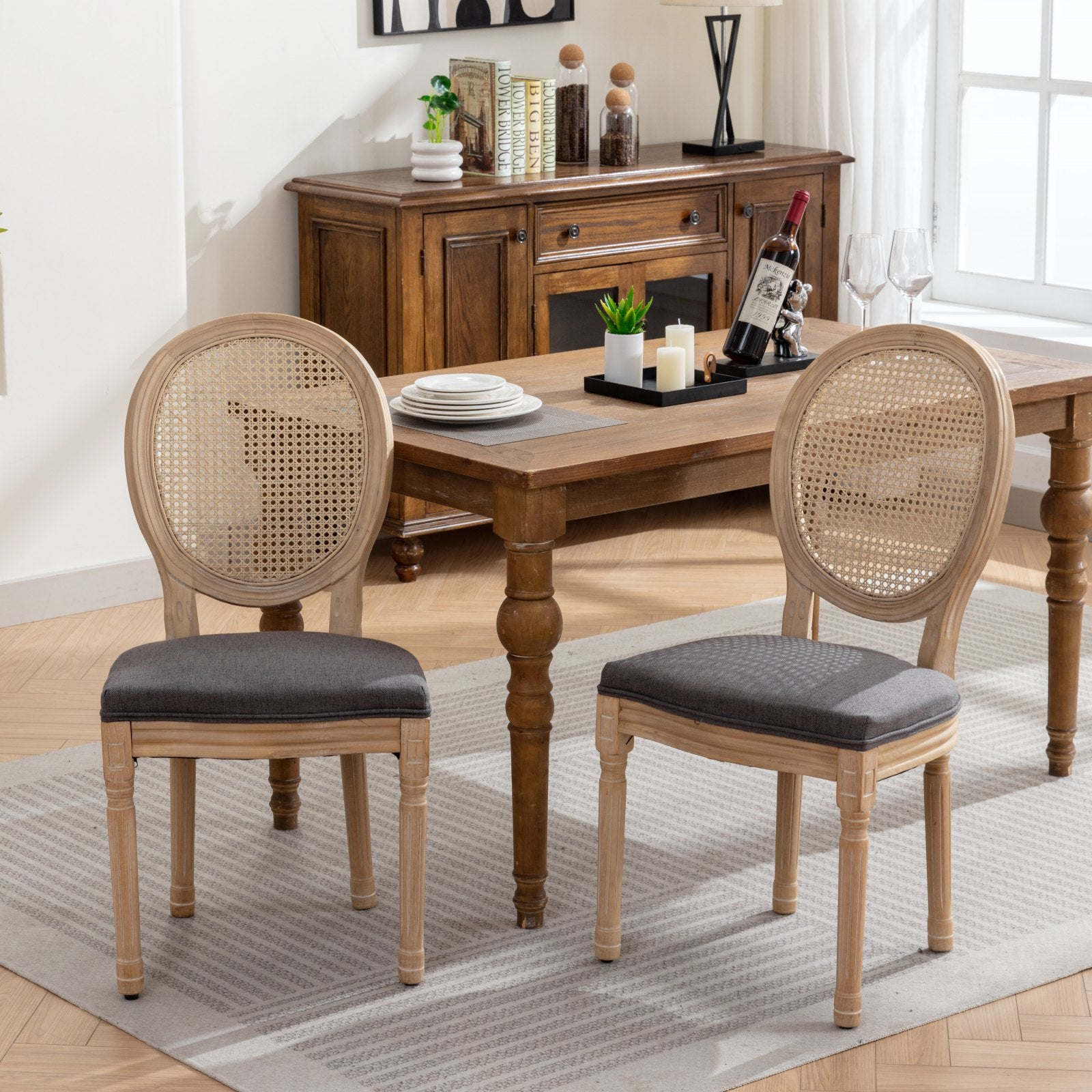 French Style Dining Chair Set of 2, Solid Wood Rattan Back, Gray Linen Fabric