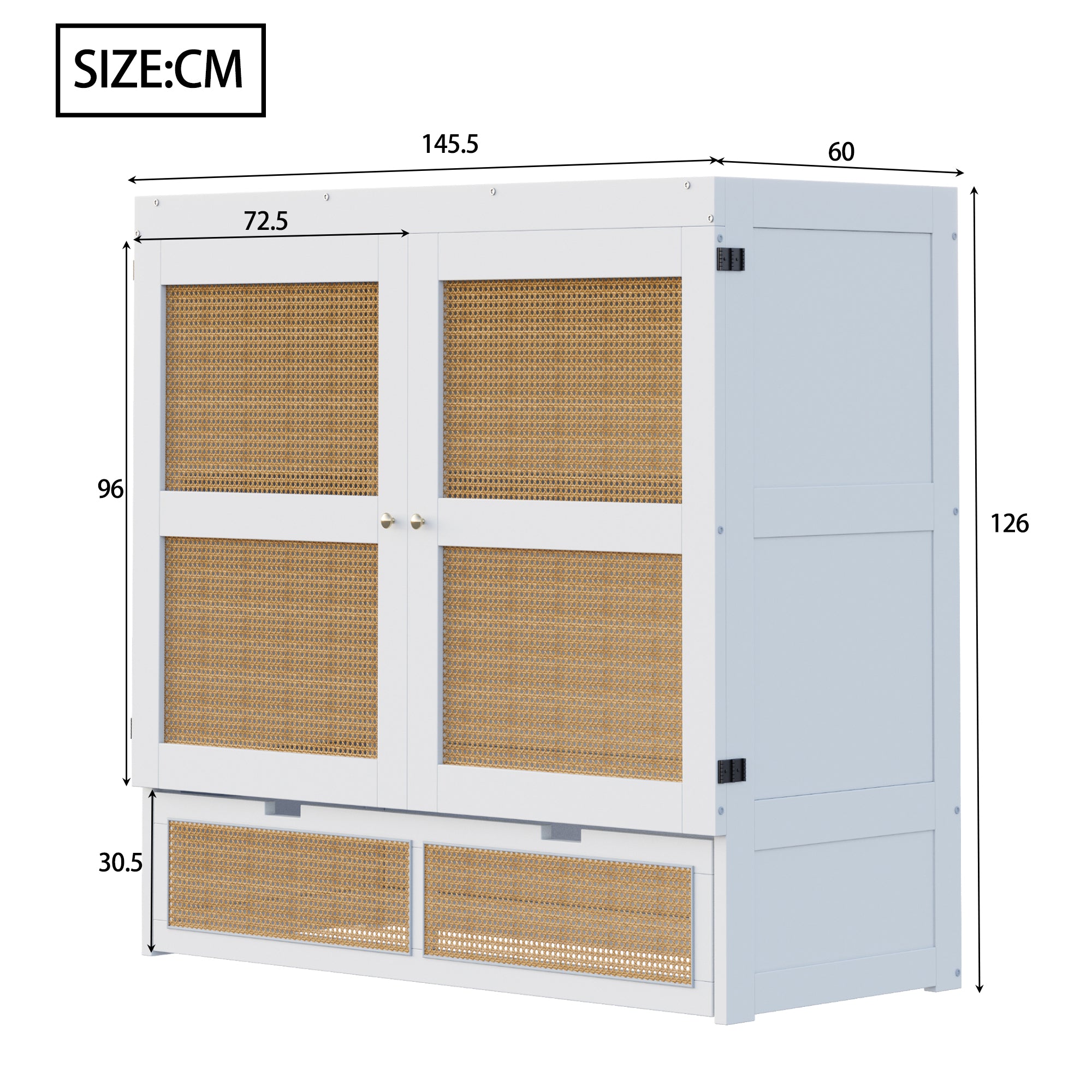 Wall Bed 140x200cm, Vertical with Slatted Frame & Storage Drawers, Rattan Design White