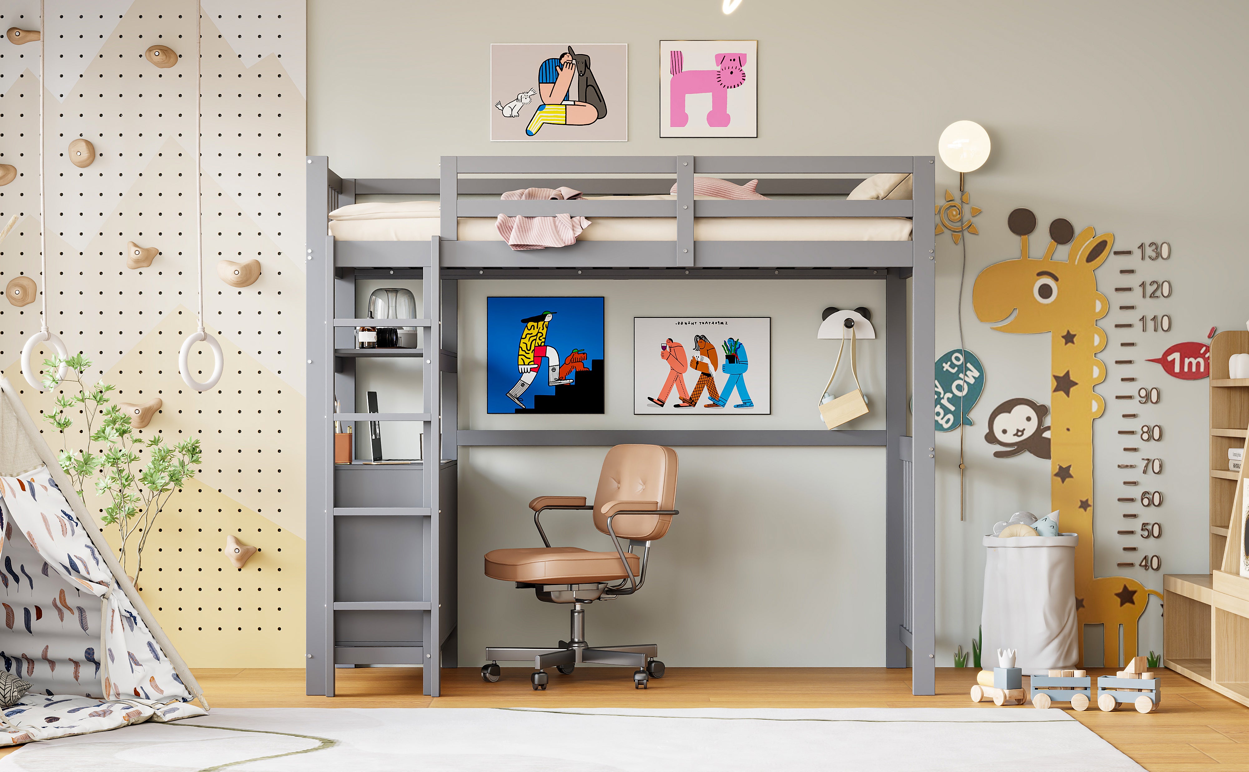 Loft Bed, 90x200cm with Ladder, Drawers, Shelves, Slatted Frame, Pinewood, Grey