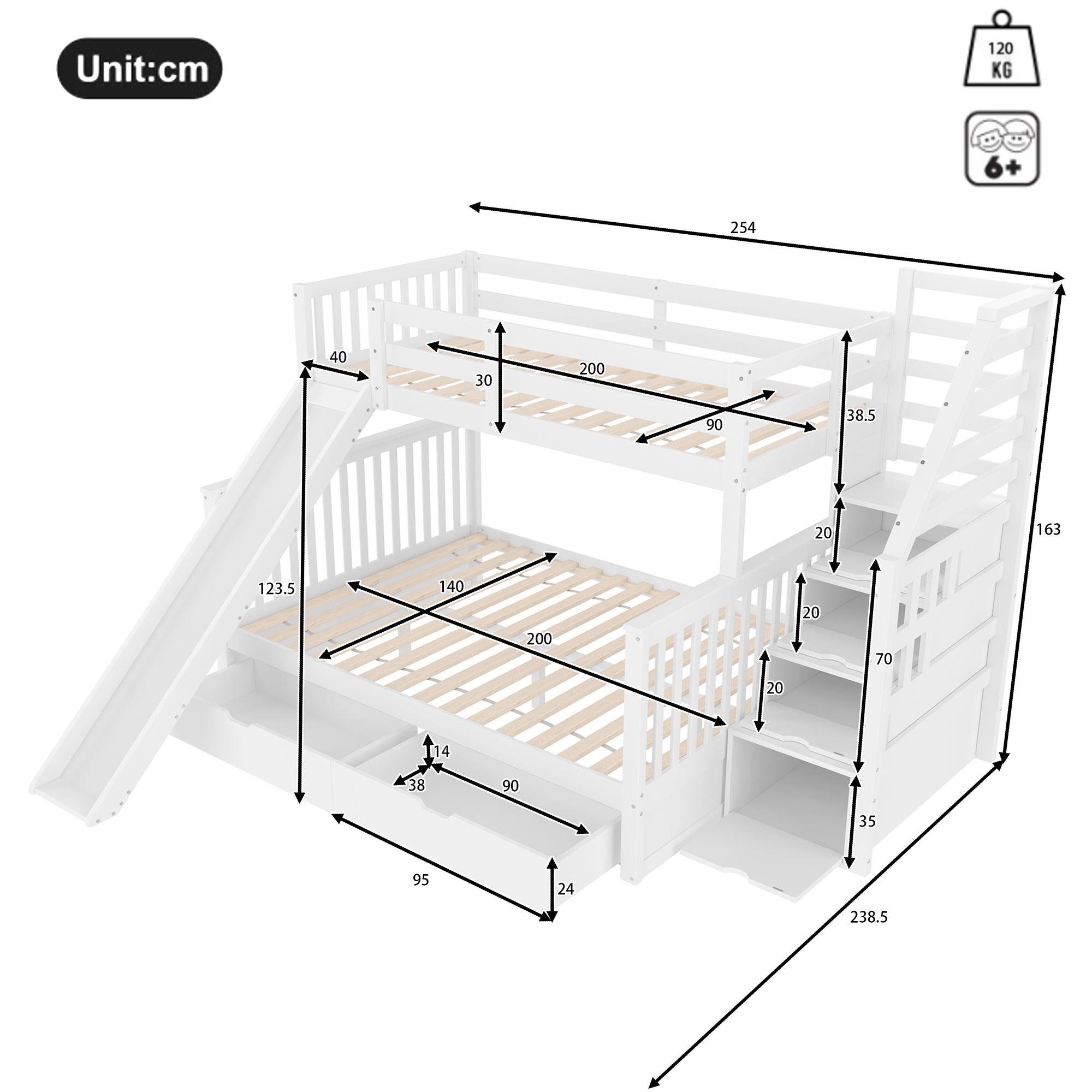 Bunk Bed 90x200 over 140x200 with Drawers, Storage, Slide, Multifunctional, White
