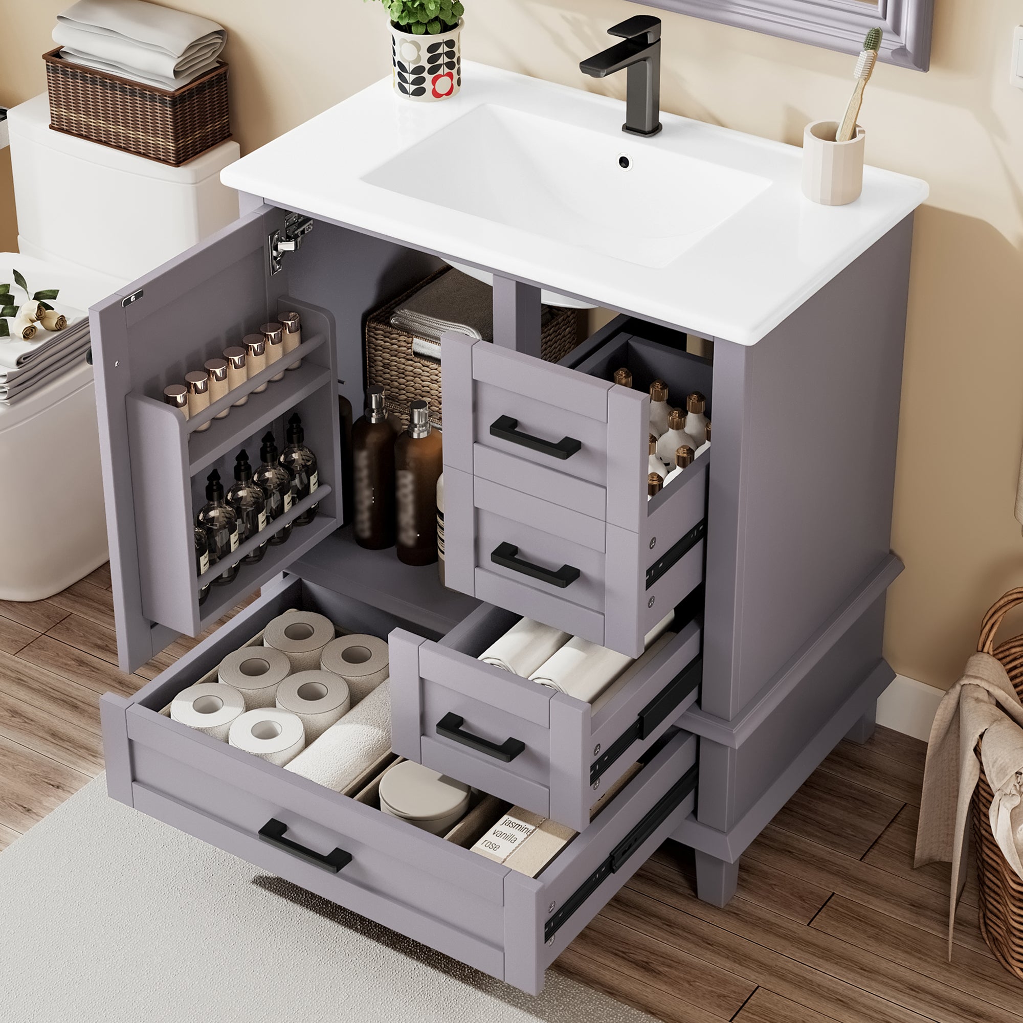 Bathroom Vanity Unit with Ceramic Sink and Silent Storage Drawers, Grey