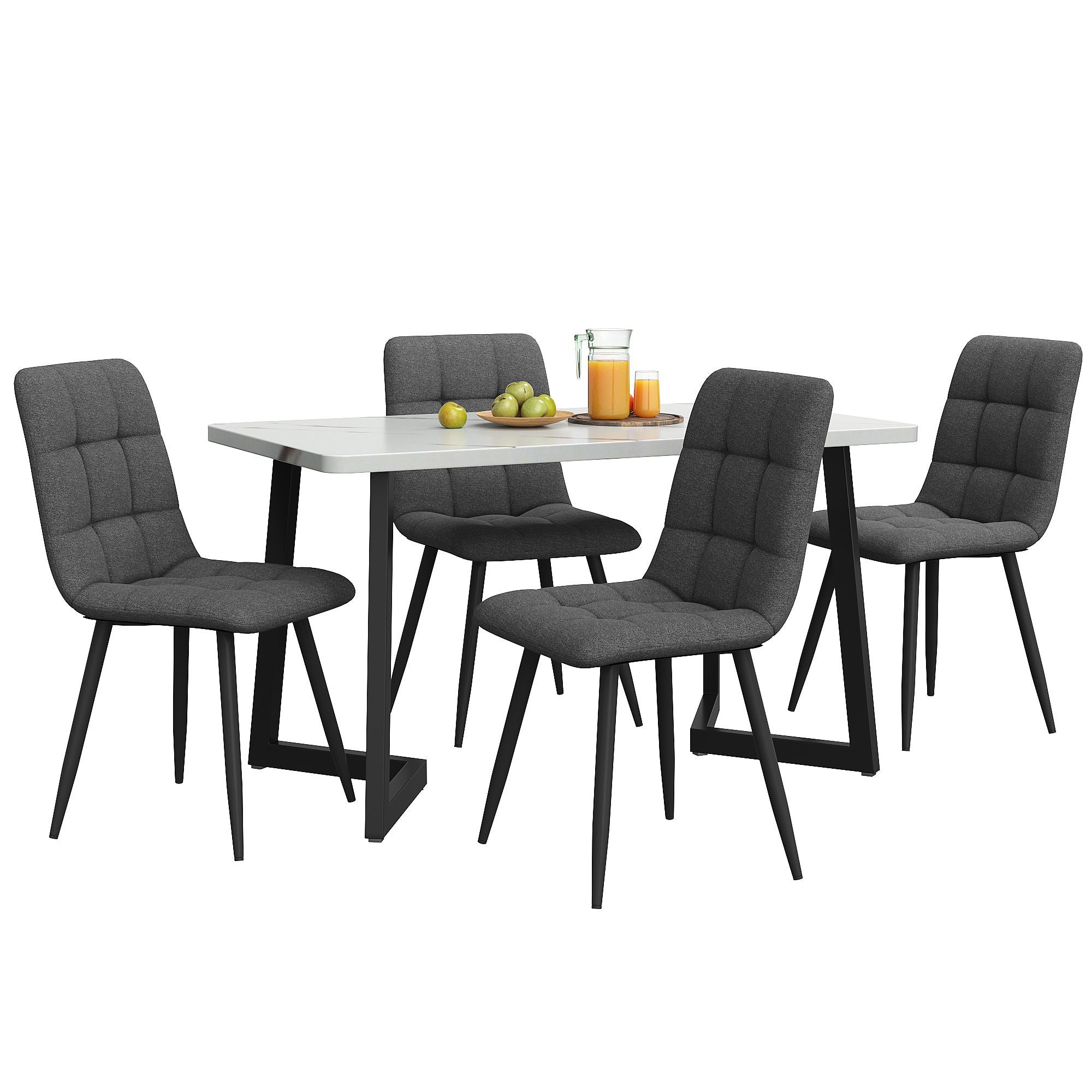 5-Piece Dining Set Rectangular Table 117cm with 4 Modern Chairs Dark Grey Linen Black