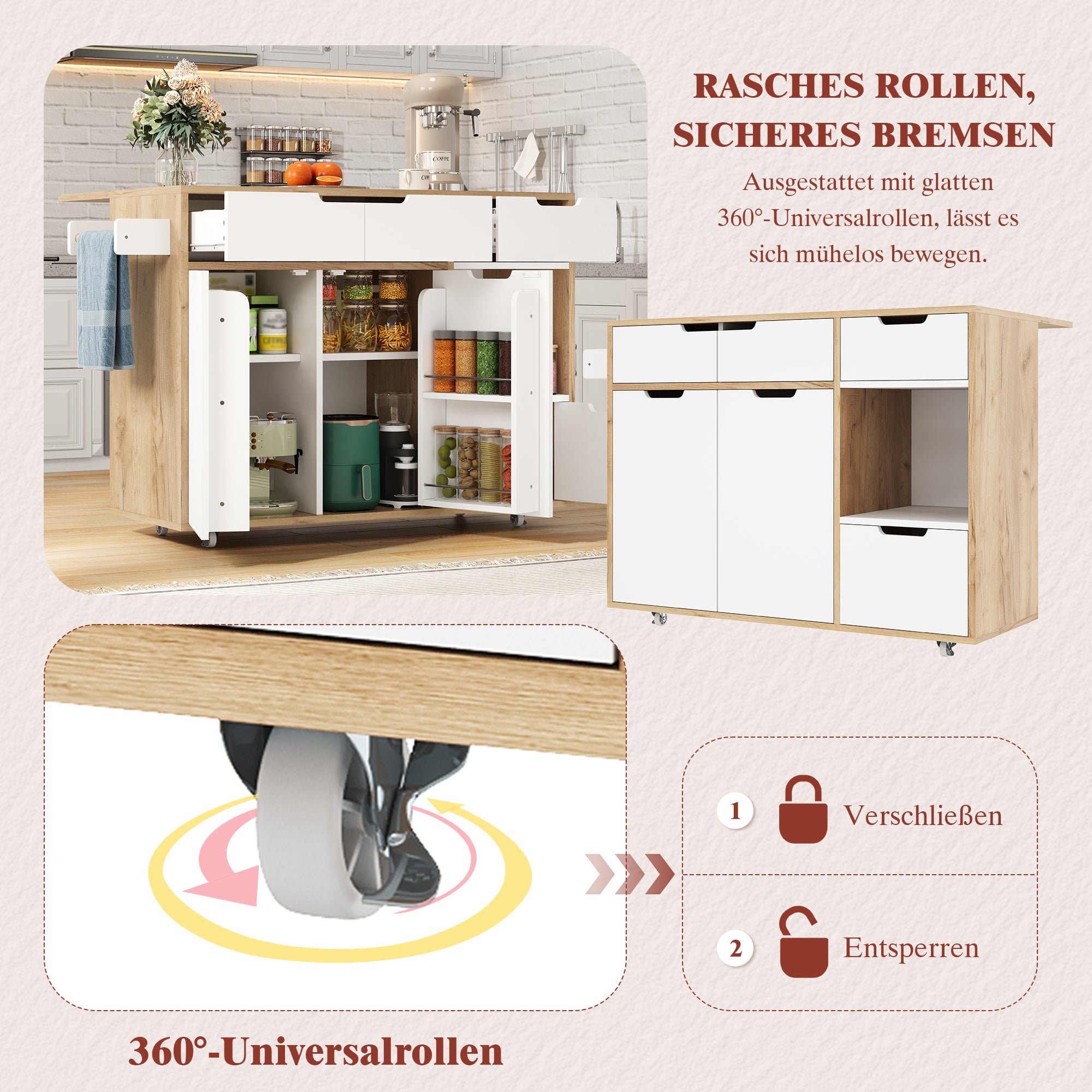 Modern Serving Trolley with 360° Swivel Casters and Storage, White and Wood