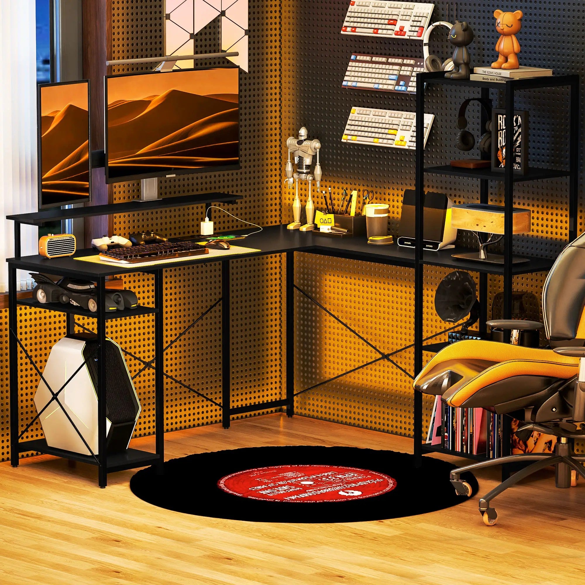 Desk L-Shaped Corner with 6 Shelves Monitor Stand USB Power Outlet, Black