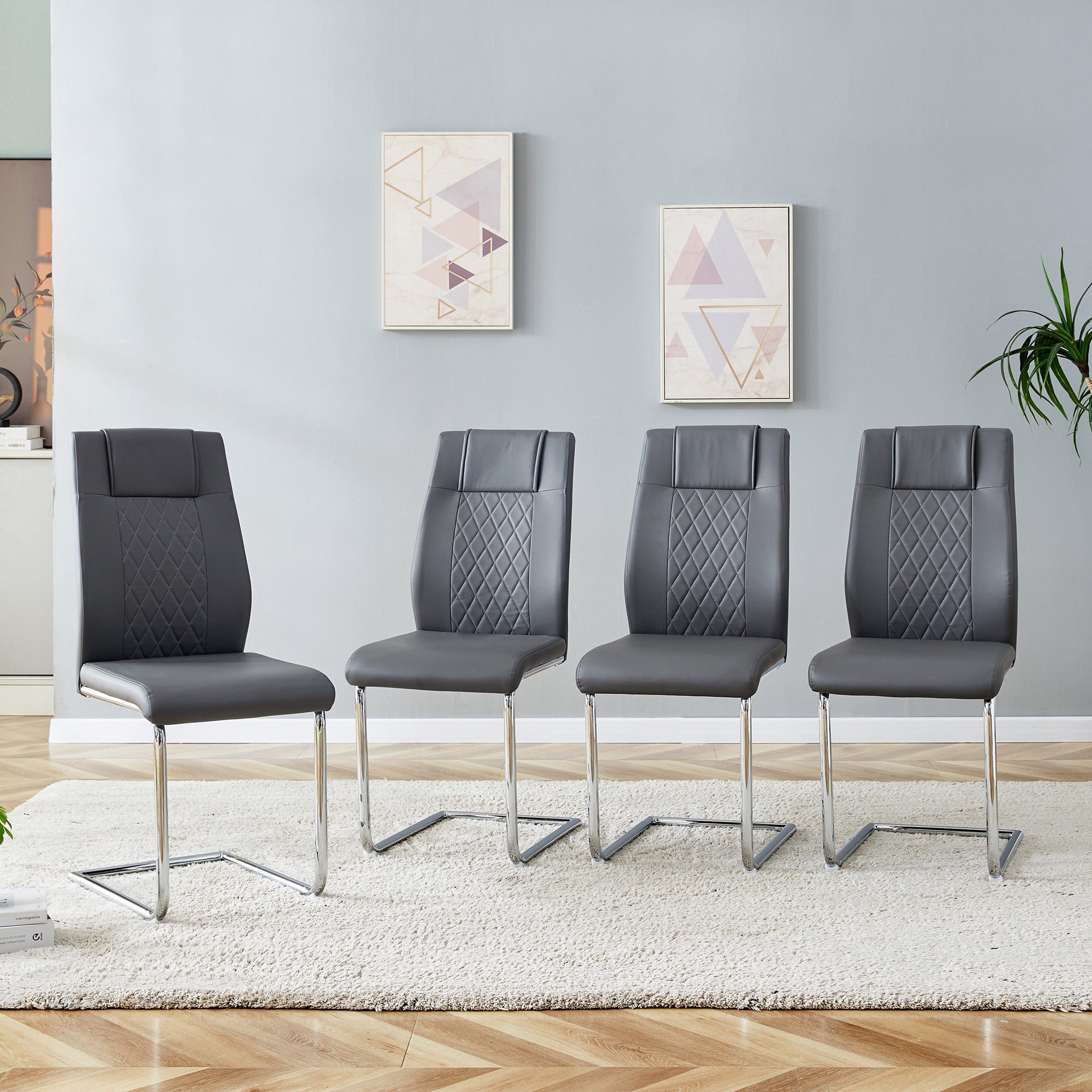 Scandinavian Dining Chairs, Mesh Back, Metal Legs, Dark Grey PU Leather