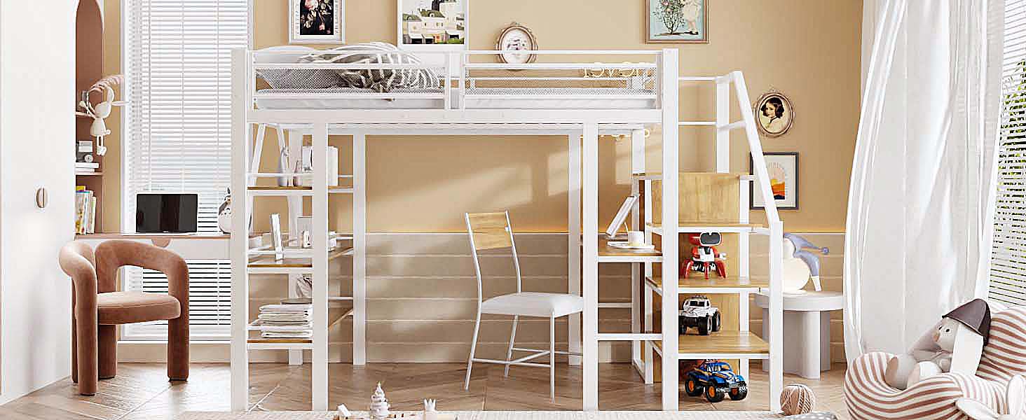 Loft Bed, 140x200cm with Storage Shelf, Desk, Wardrobe, Safety Steps, Iron, White
