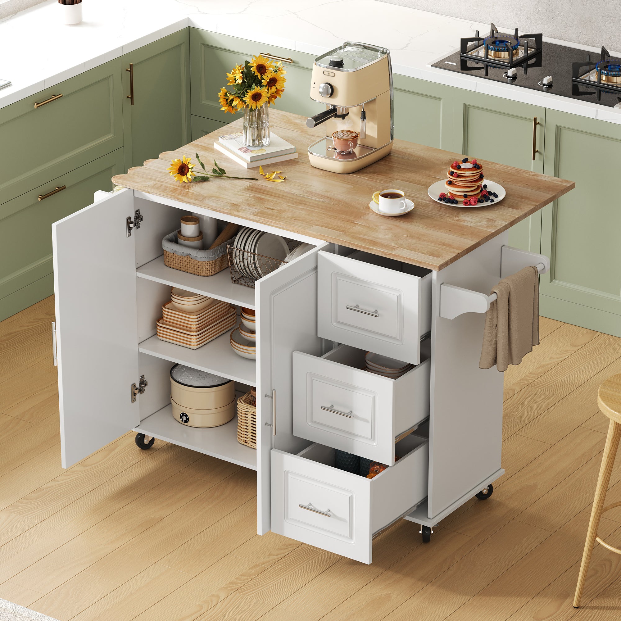 Mobile Kitchen Table with Foldable Oak Worktop and 3 Drawers, Oak and White
