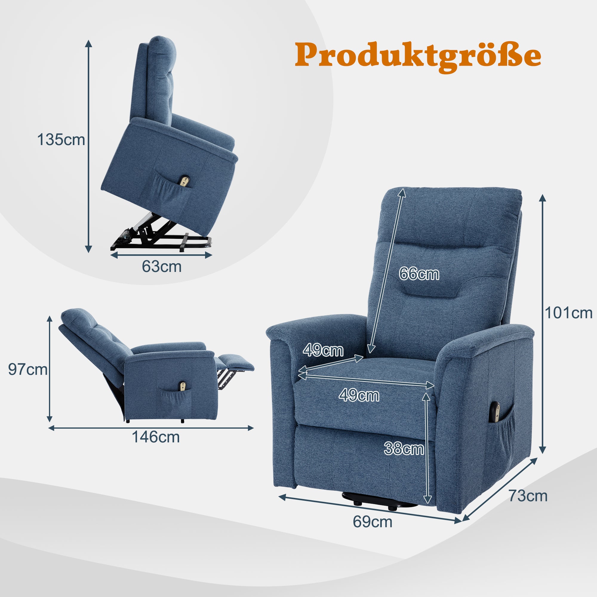 Electric Recliner Chair, Stand-Up Aid & Reclining Function, Blue