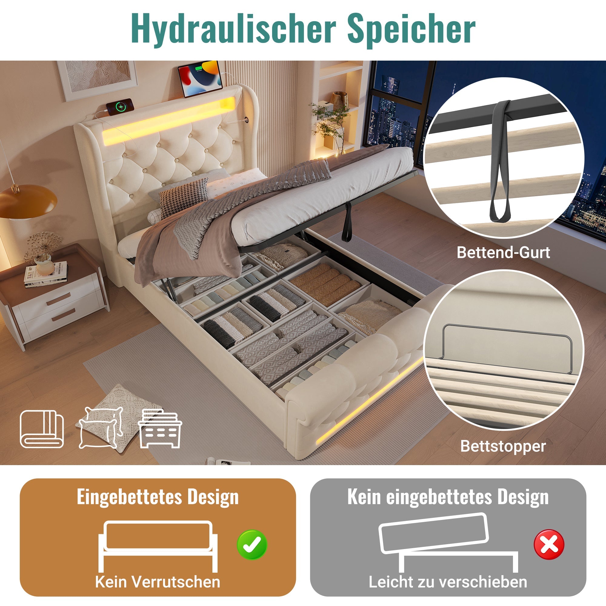 Modern Upholstered Single Bed 90x200cm, LED Lights, Storage Headboard with USB and Type-C, Hydraulic Storage, Beige Velvet