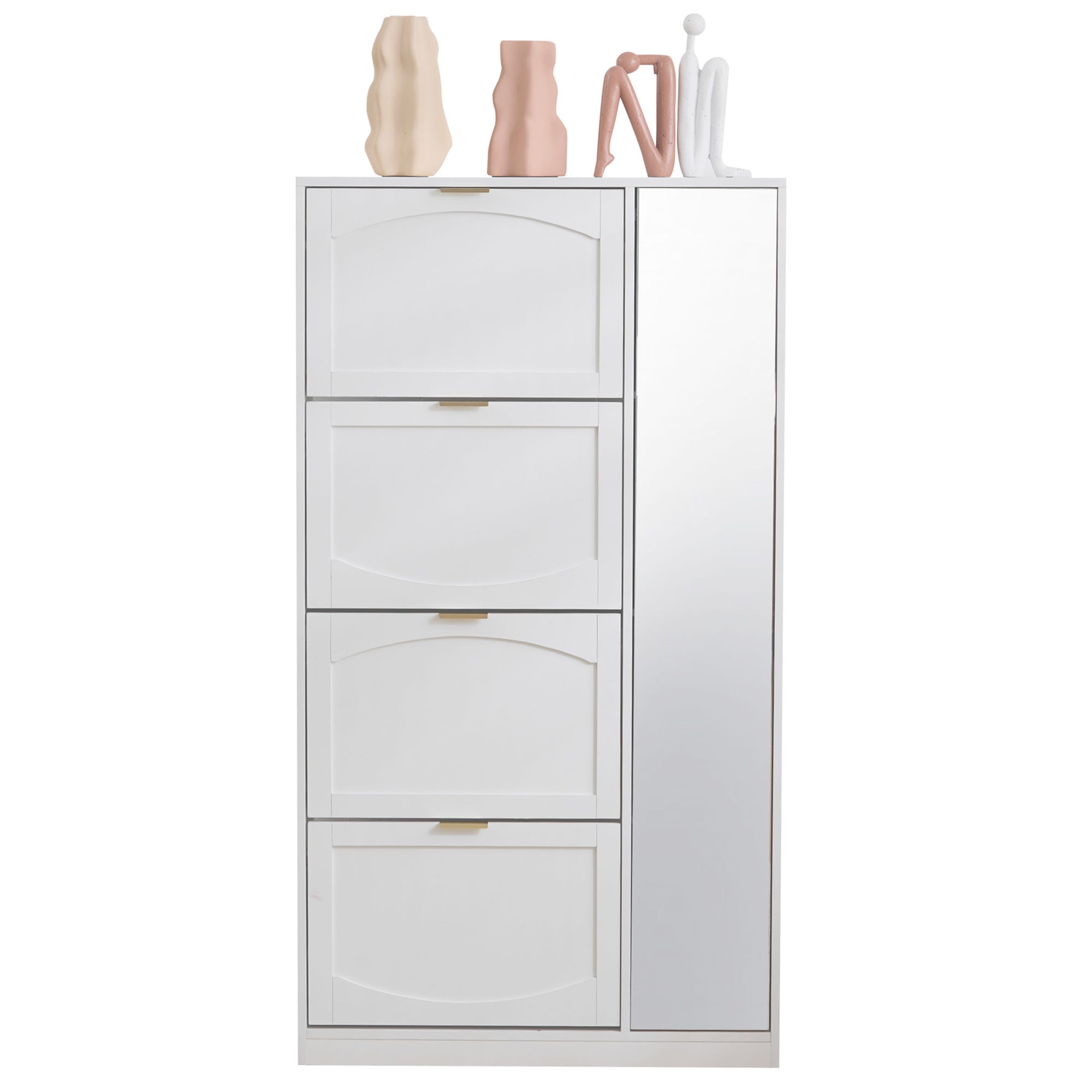 Modern Shoe Cabinet with Mirror, 4 Fold-Down Compartments, Adjustable Shelf, White