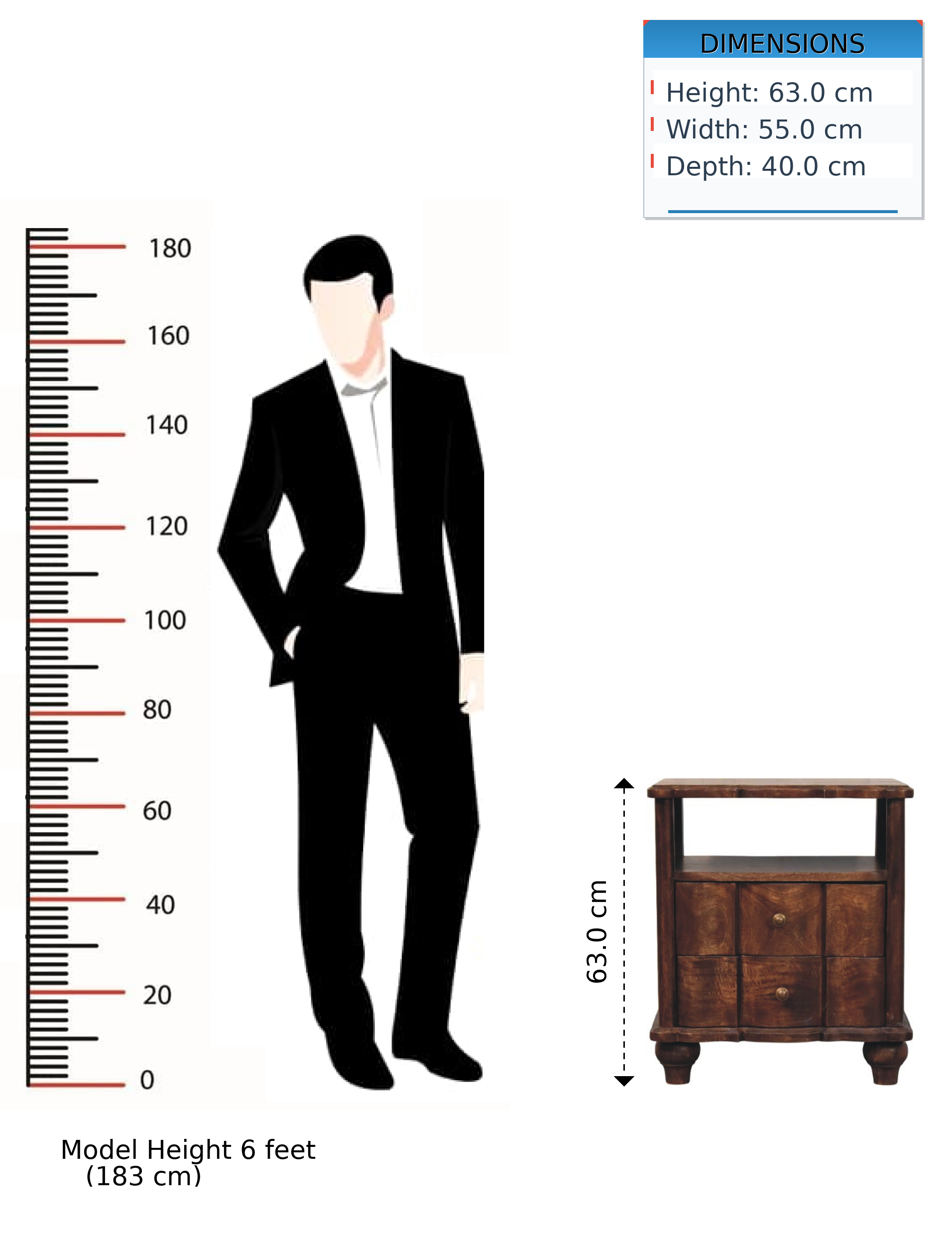 Nightstand 2-Drawer with Open Shelf, Solid Wood Brown