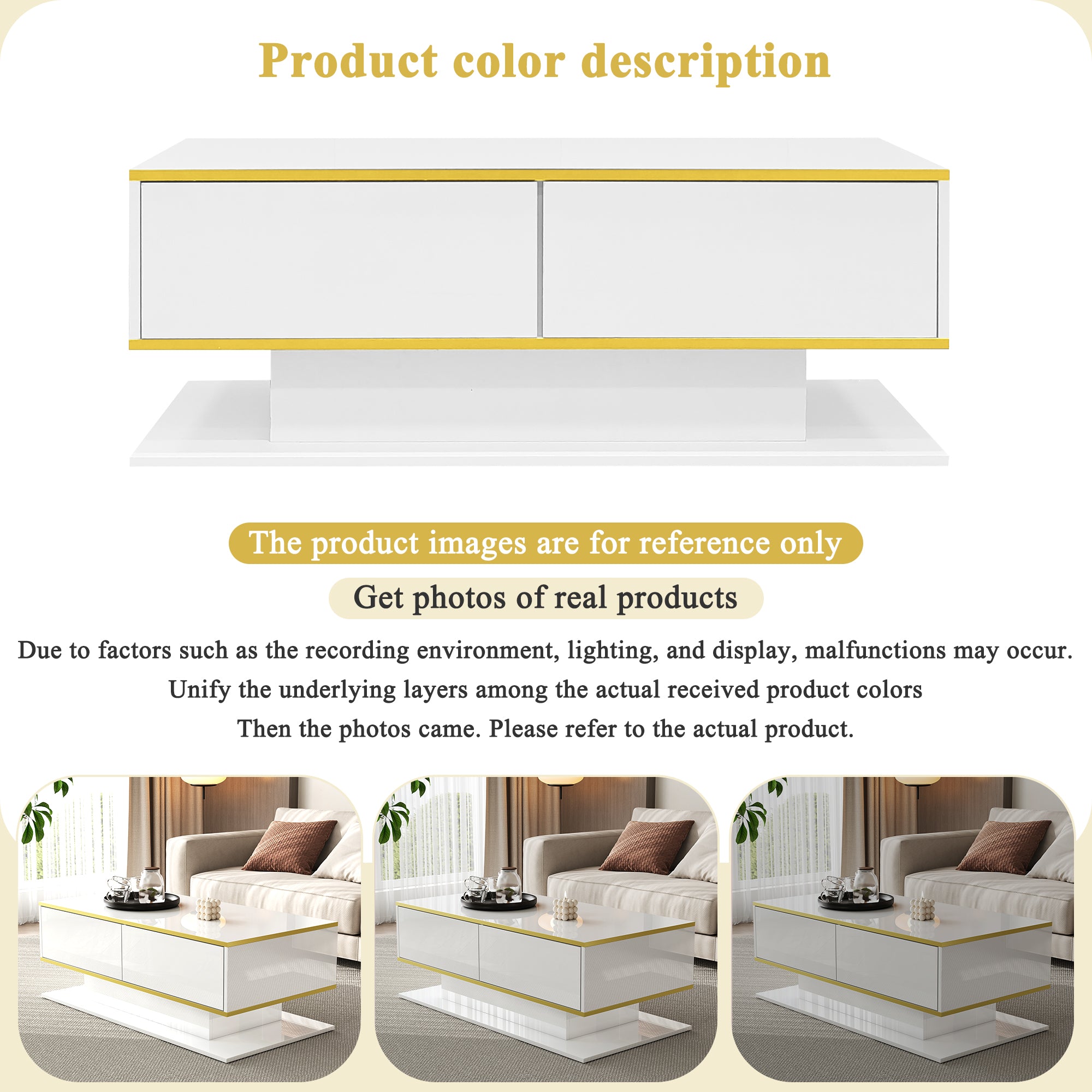 Modern LED Coffee Table 100cm High-Gloss 3 Drawers USB Gold Trim