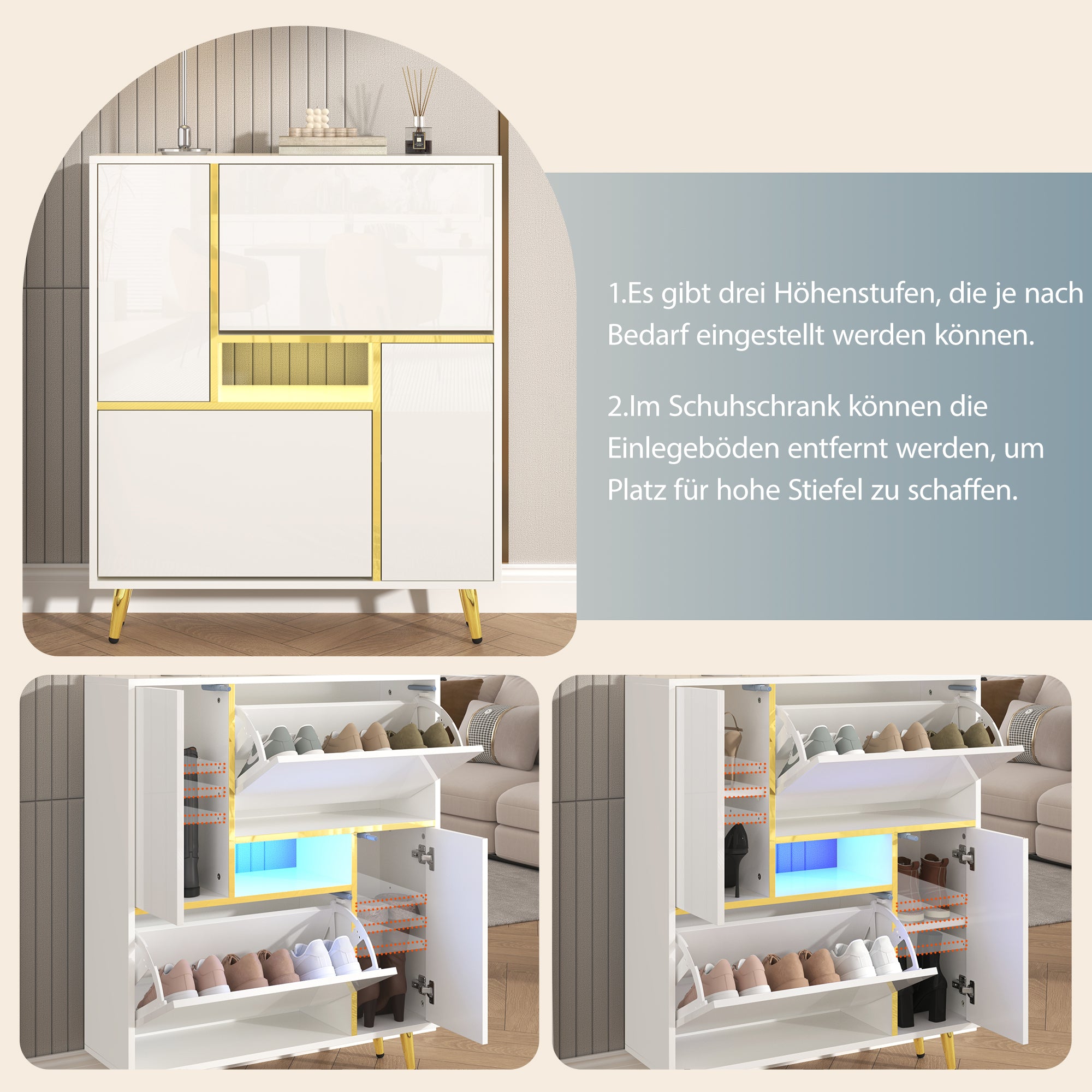 Modern Shoe Cabinet with 16-Color LED Light, White High-Gloss