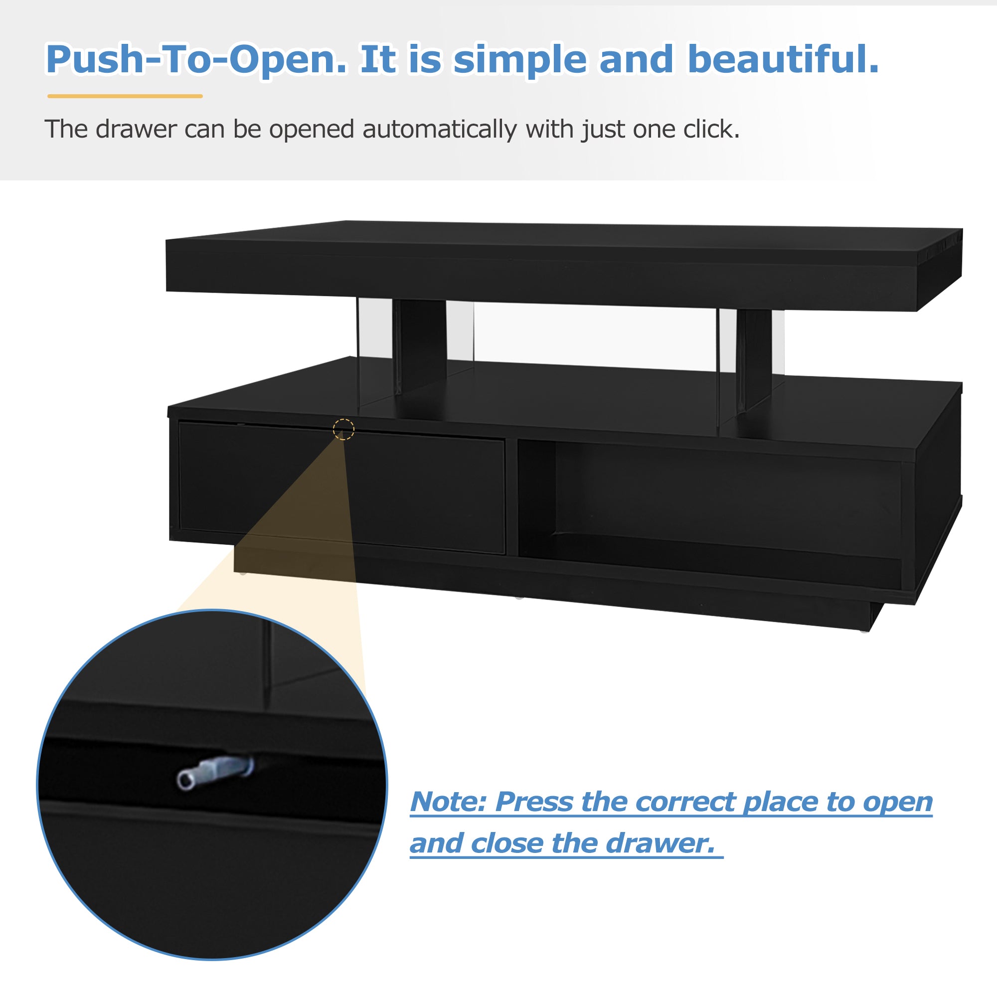 Black High-Gloss Coffee Table with Glass Tops & Drawers