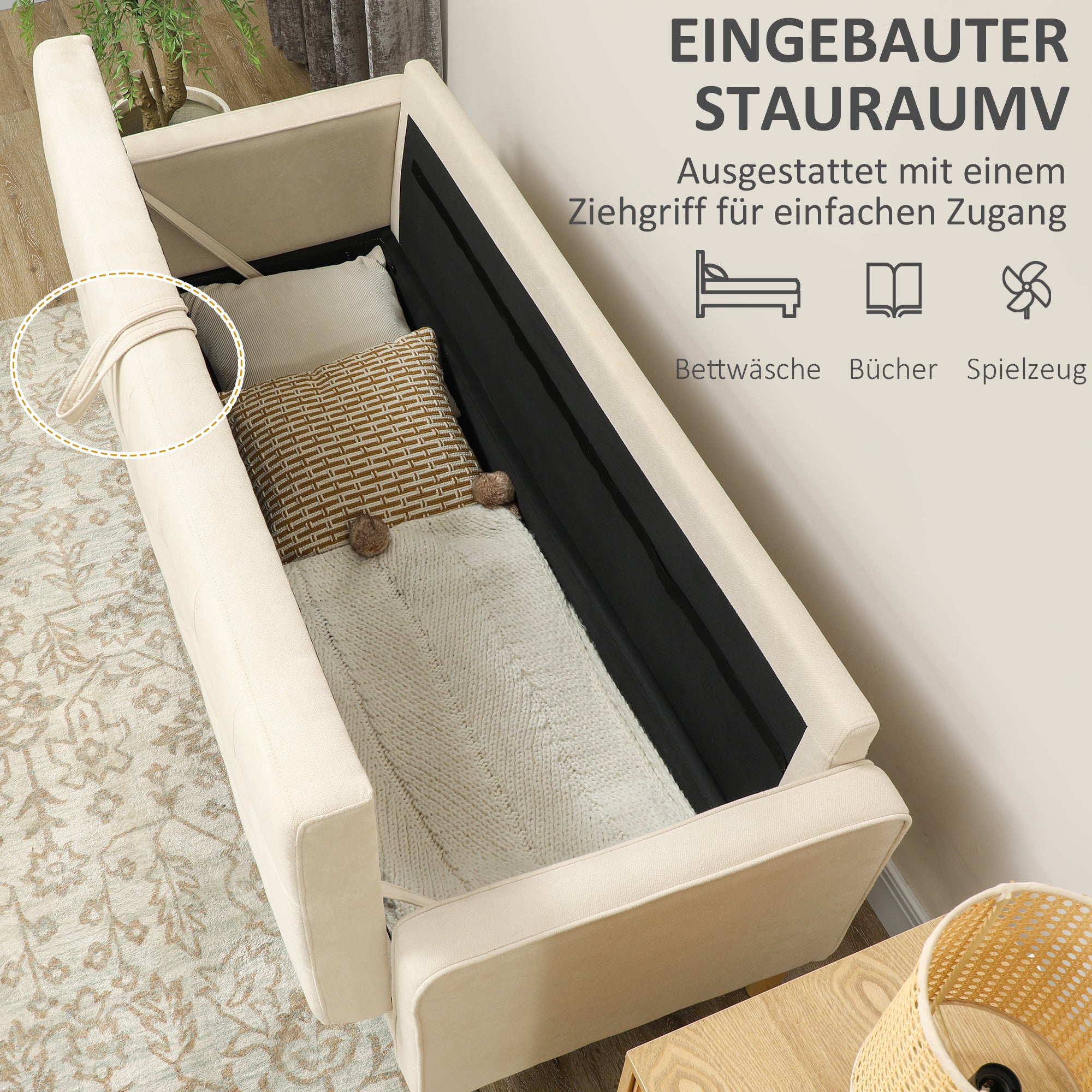 3-seater Sofa, Storage, Wooden Legs, Velvet, Cream White