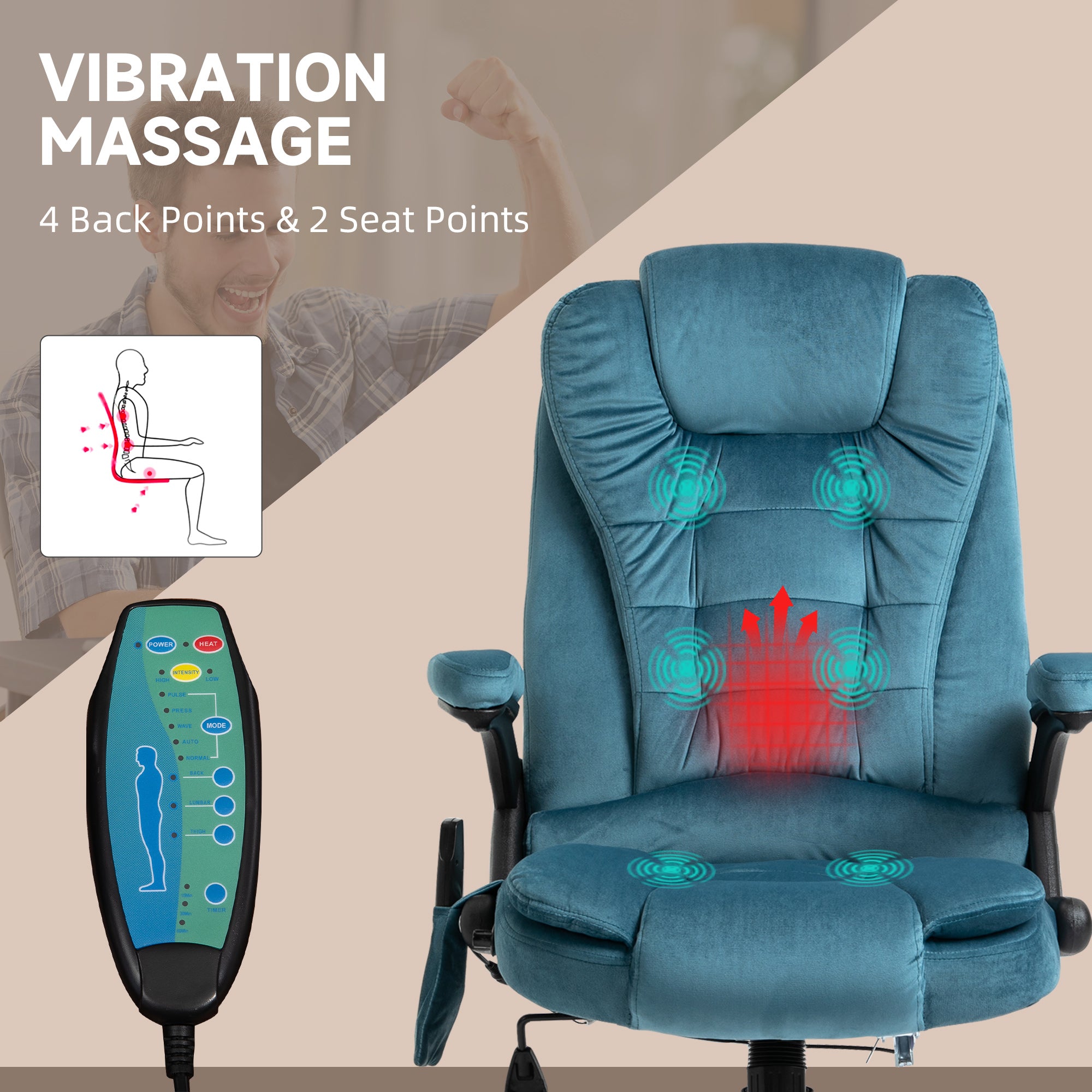 Massage Recliner Chair Heated Office Chair Six Massage Points Blue Velvet-Feel Fabric