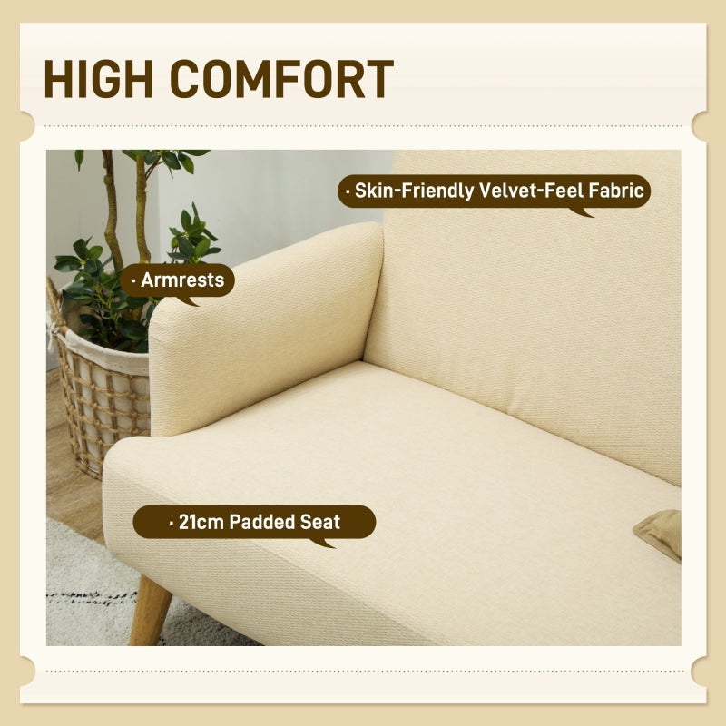 Velvet Feel 2 Seater Sofa, Small Loveseat with Wood Legs, Cream White Fabric