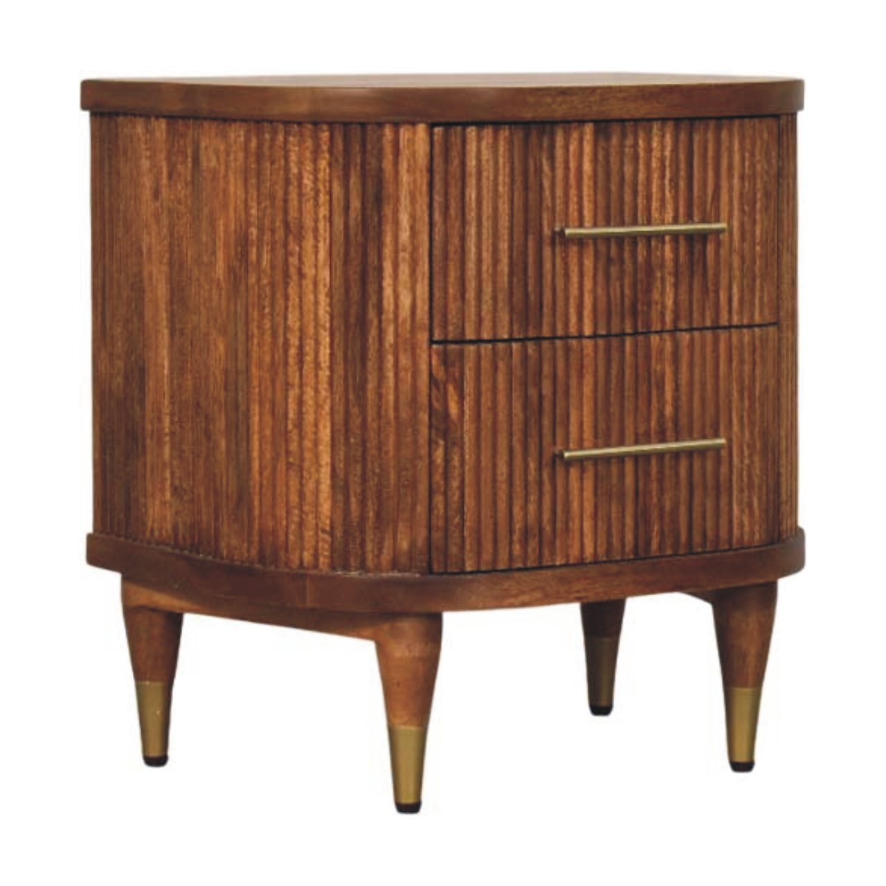 Ribbed Bedside Nightstand with Brass Accents in Mango Wood