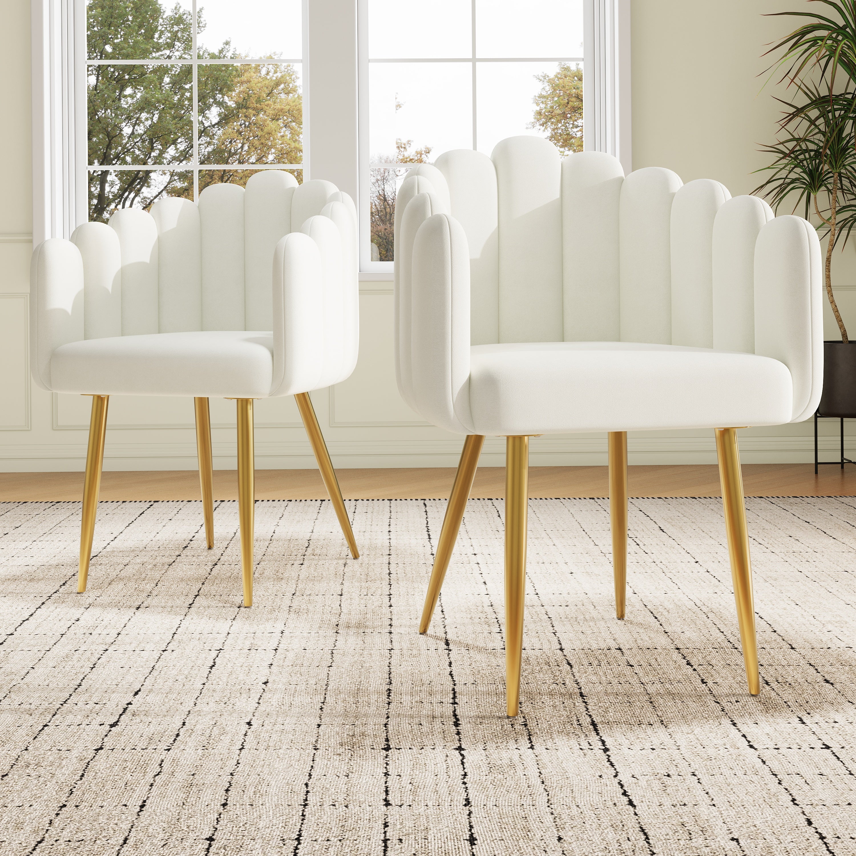 Dining Chair (2 Pcs) with Electroplated Gold Iron Legs, Fan-Shaped Design, High-Quality Velour Fabric