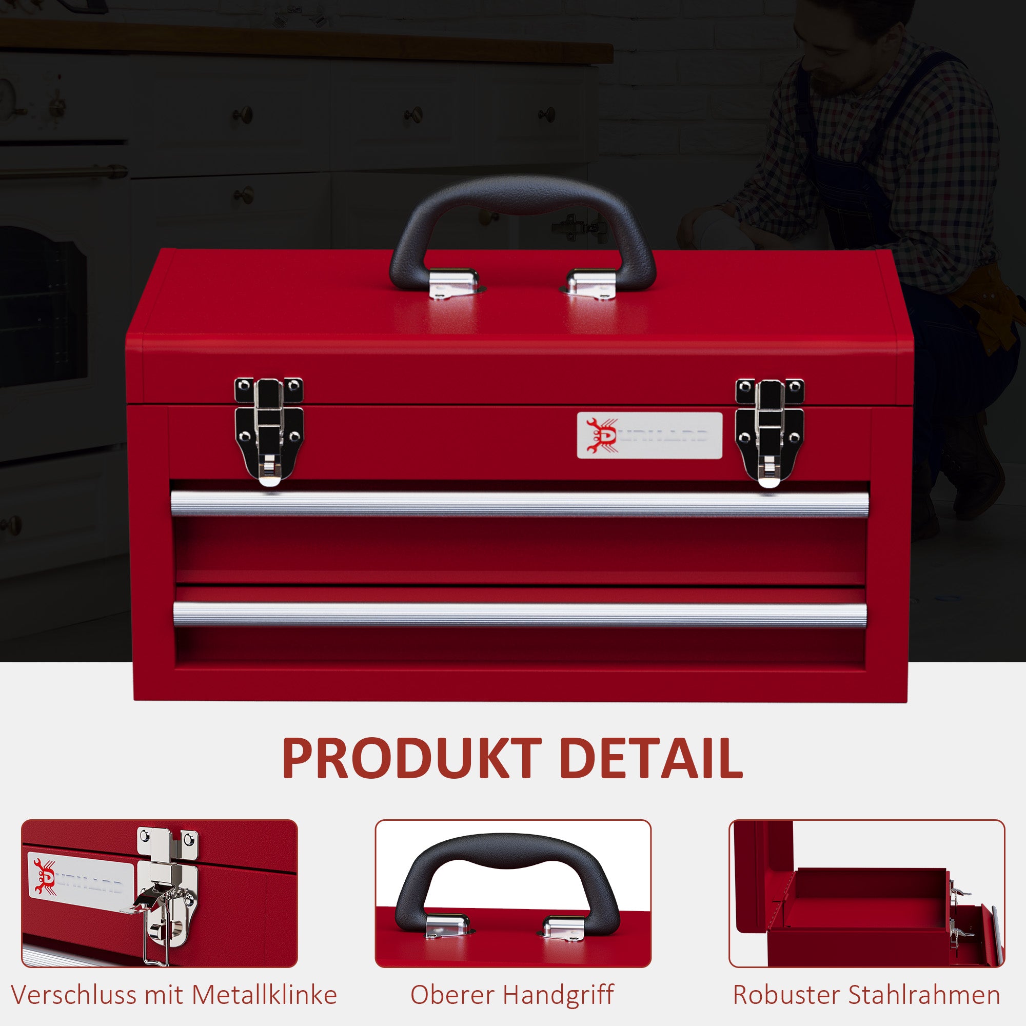 DURHAND empty tool case 46x24x22cm with 2 drawers and 2 locks, steel red