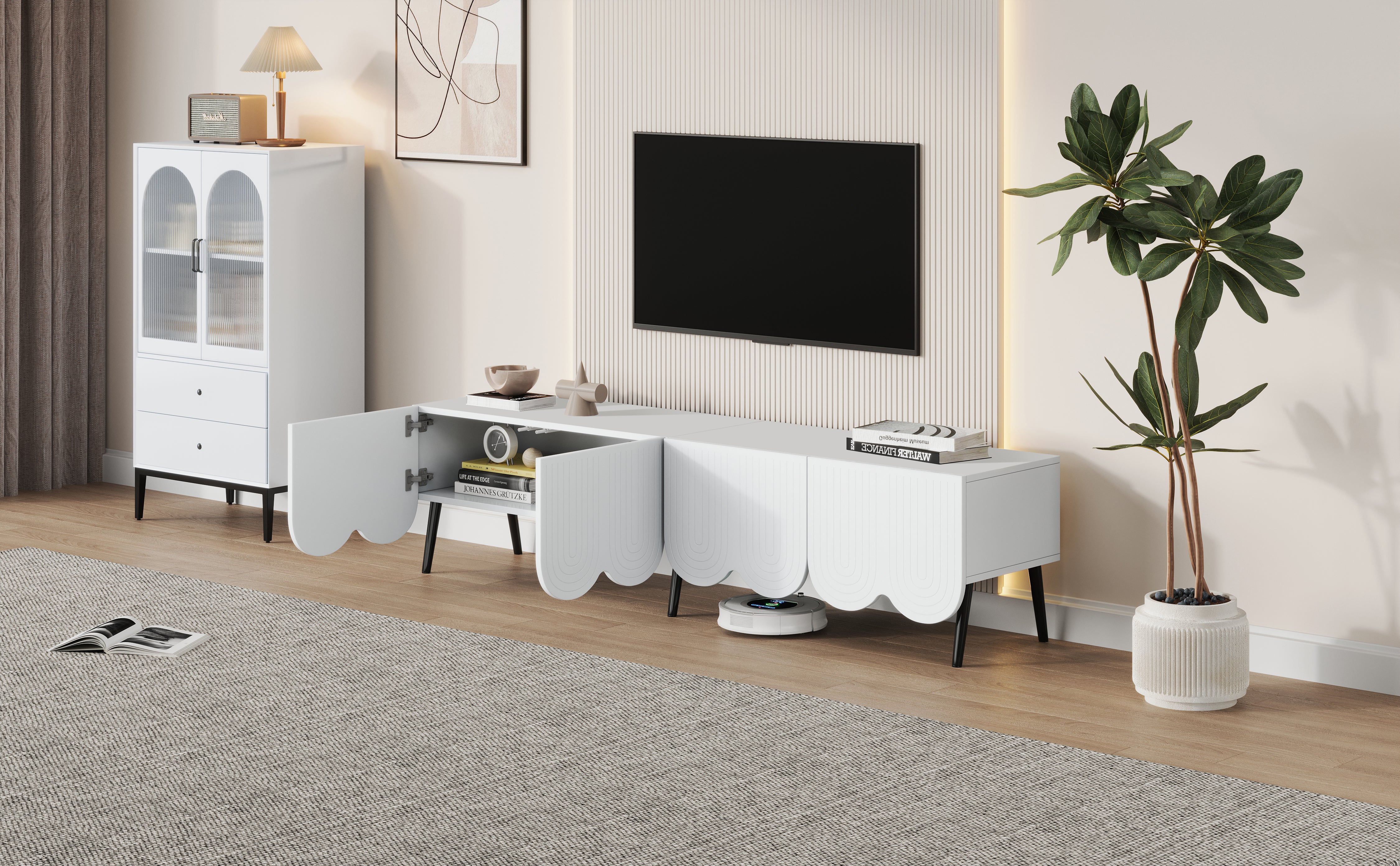 Modern TV cabinet for TVs up to 80 inches with two doors and cable management in white