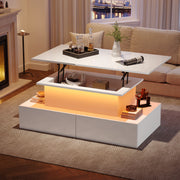 Coffee Table with LED Lighting and 4 Drawers, 90x55x41 cm, White High-Gloss