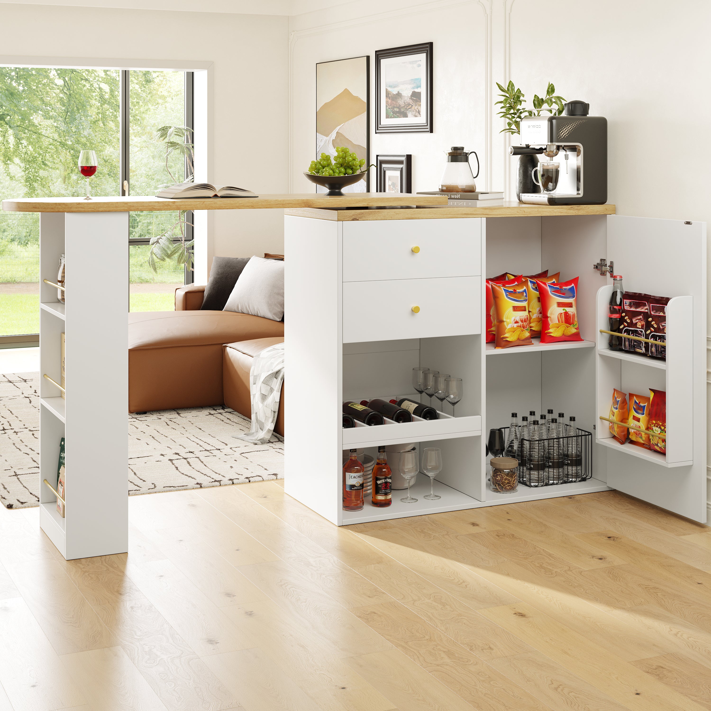 Rotating Bar Table 2 Drawers Sliding Cabinet Open Storage