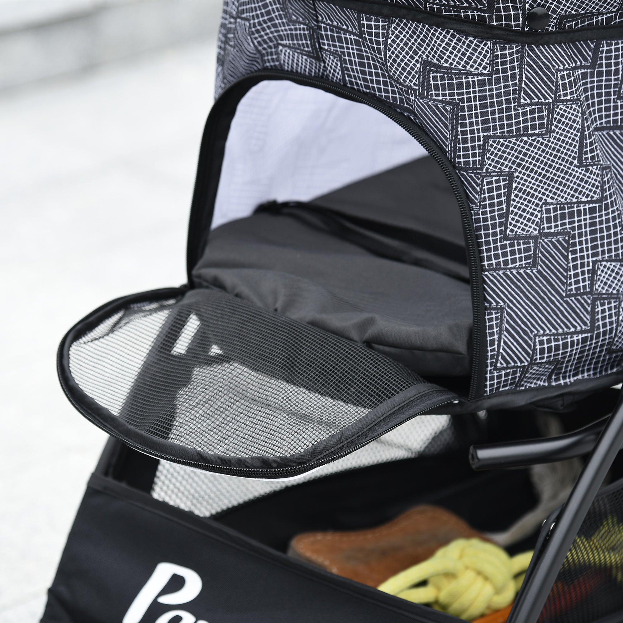 Dog Buggy Foldable Trolley with Cushion, Mesh Window, Grey Black Oxford Fabric