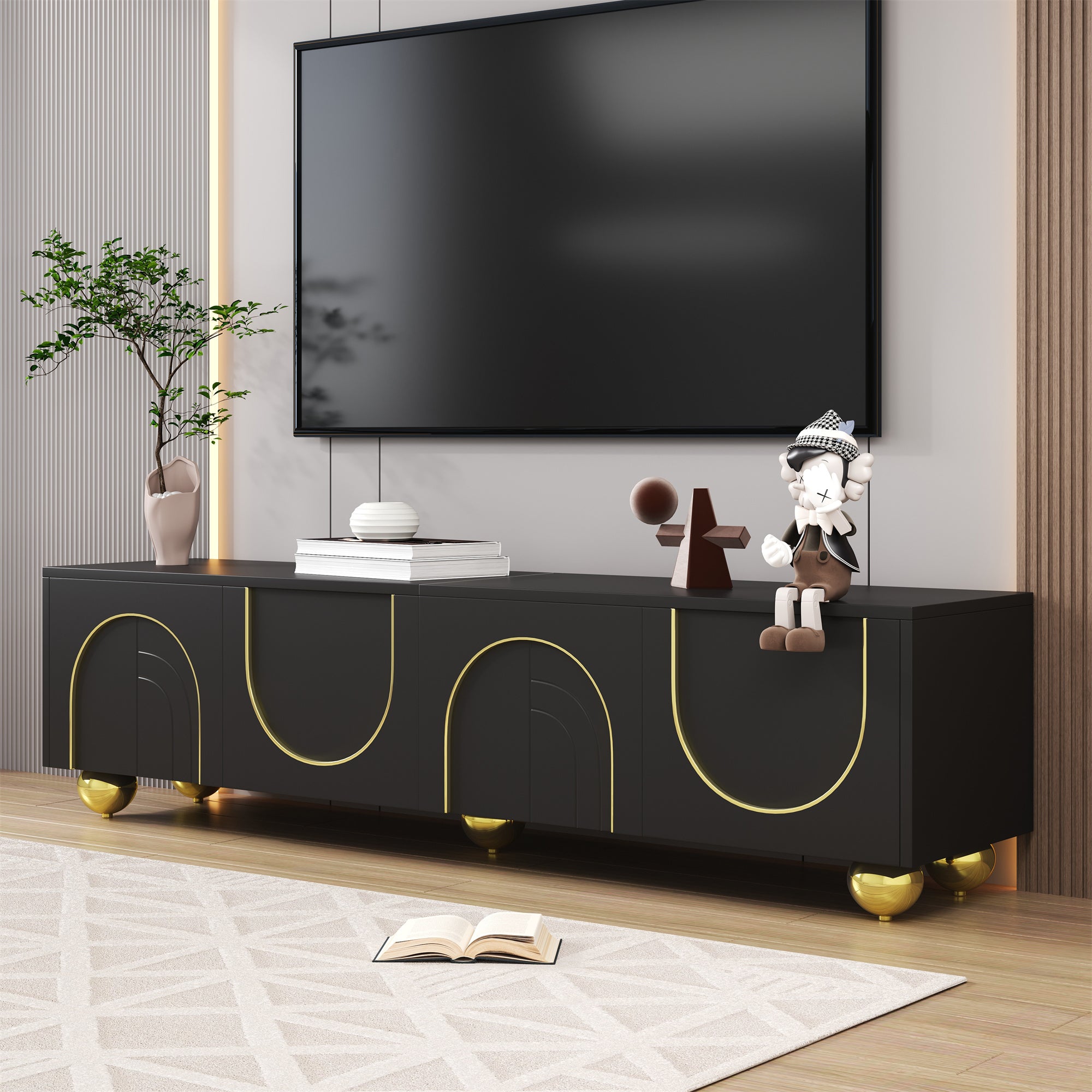TV Cabinet Lowboard, Textured Doors, Gold Embellishments, Push-to-Open Mechanism, Gold Legs