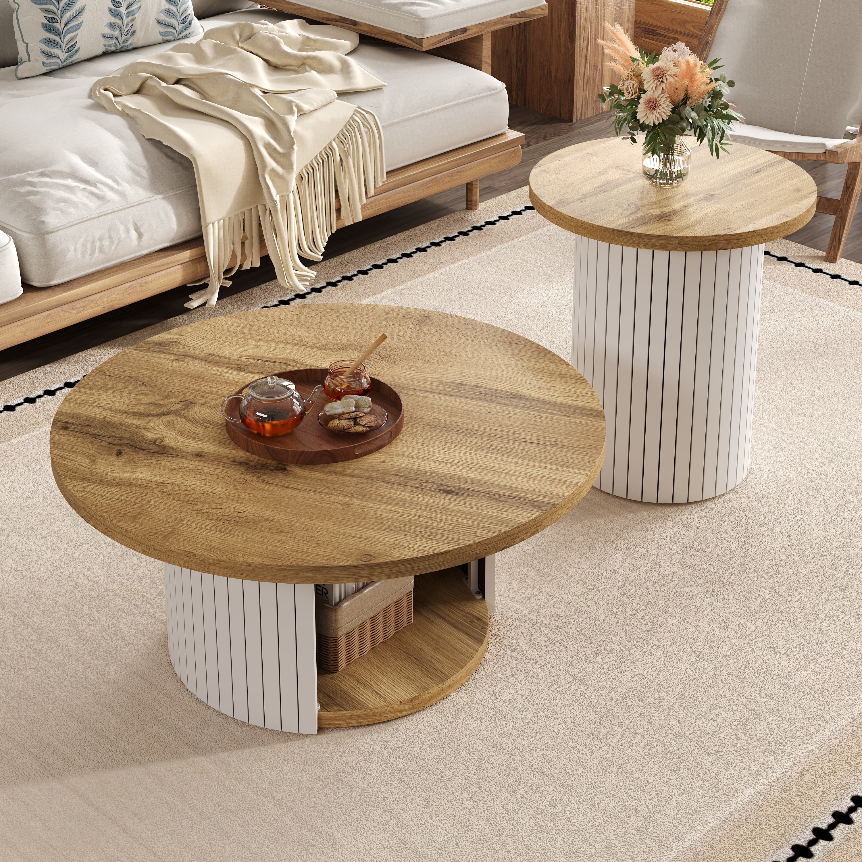 Coffee Table Double Round Multifunctional Natural Wood Slats