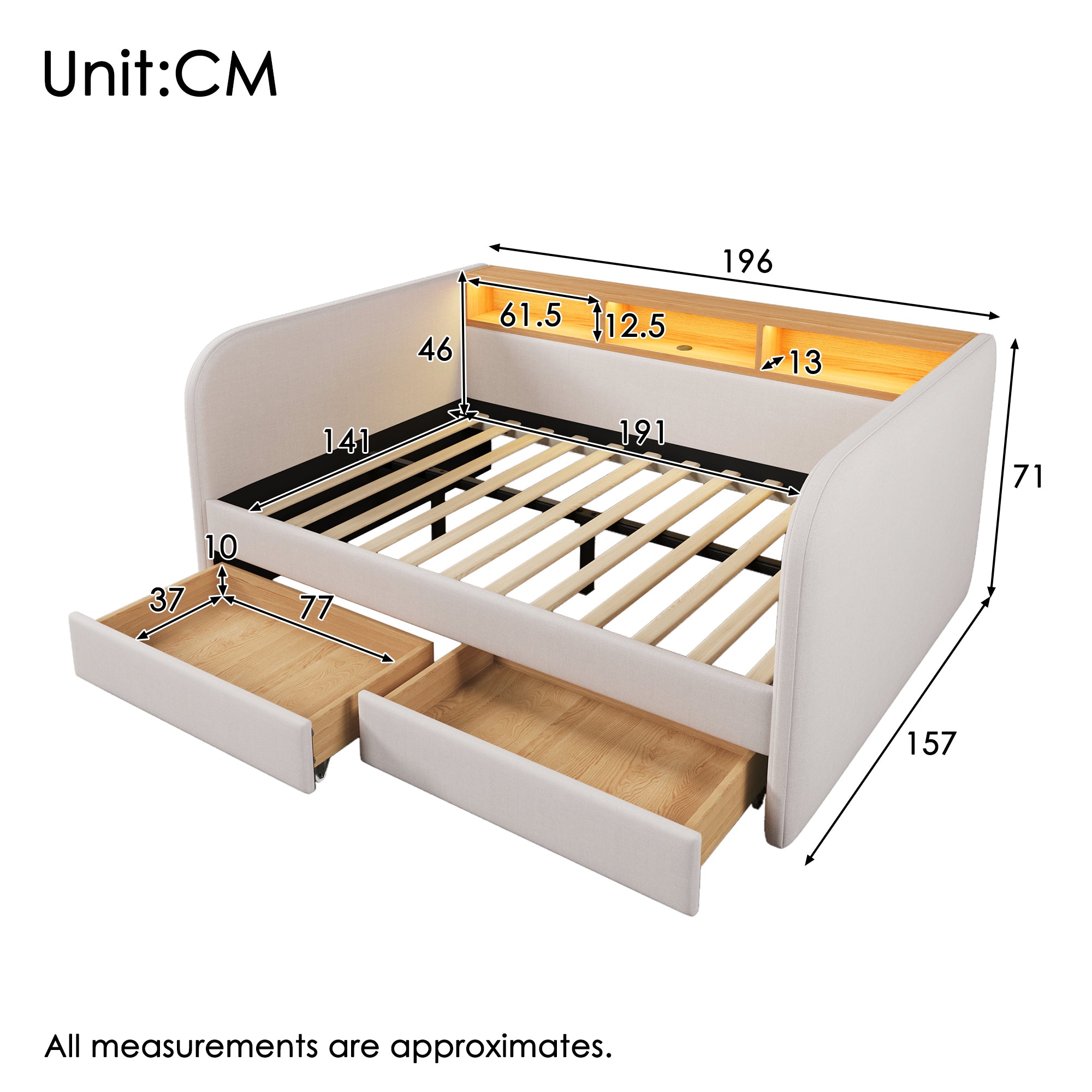 Daybed, 140x190 cm Upholstered Sofa Bed with LED, USB-C, Drawers & Storage Headboard, Light Beige Linen