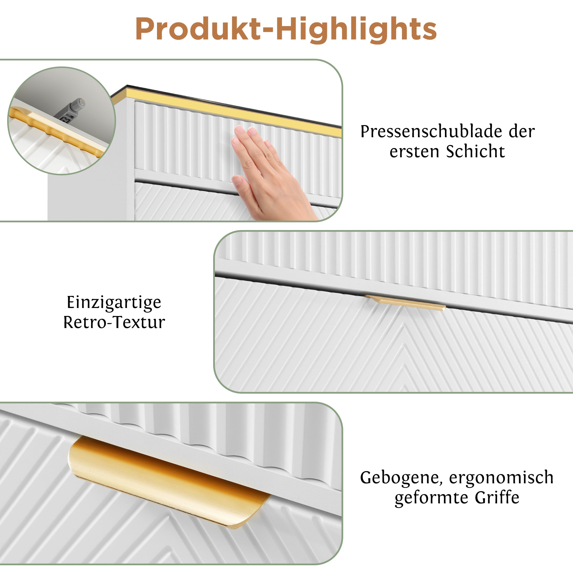 Sideboard, 6-Drawer Amber Glass, White