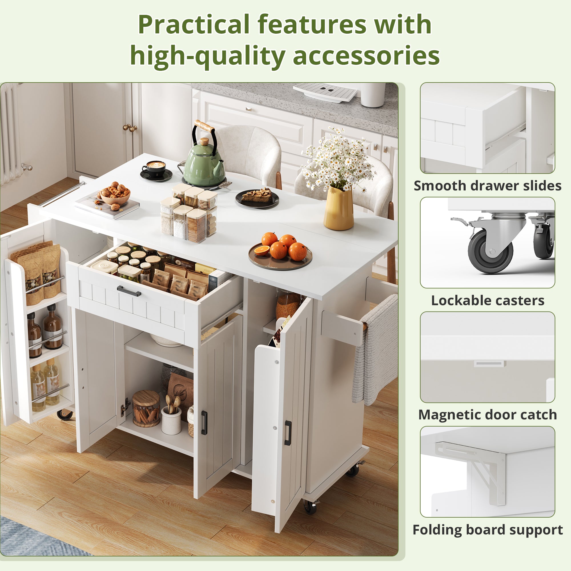 Mobile Kitchen Island Folding Worktop, Cabinet Storage, Spice Racks & Towel Rails - White