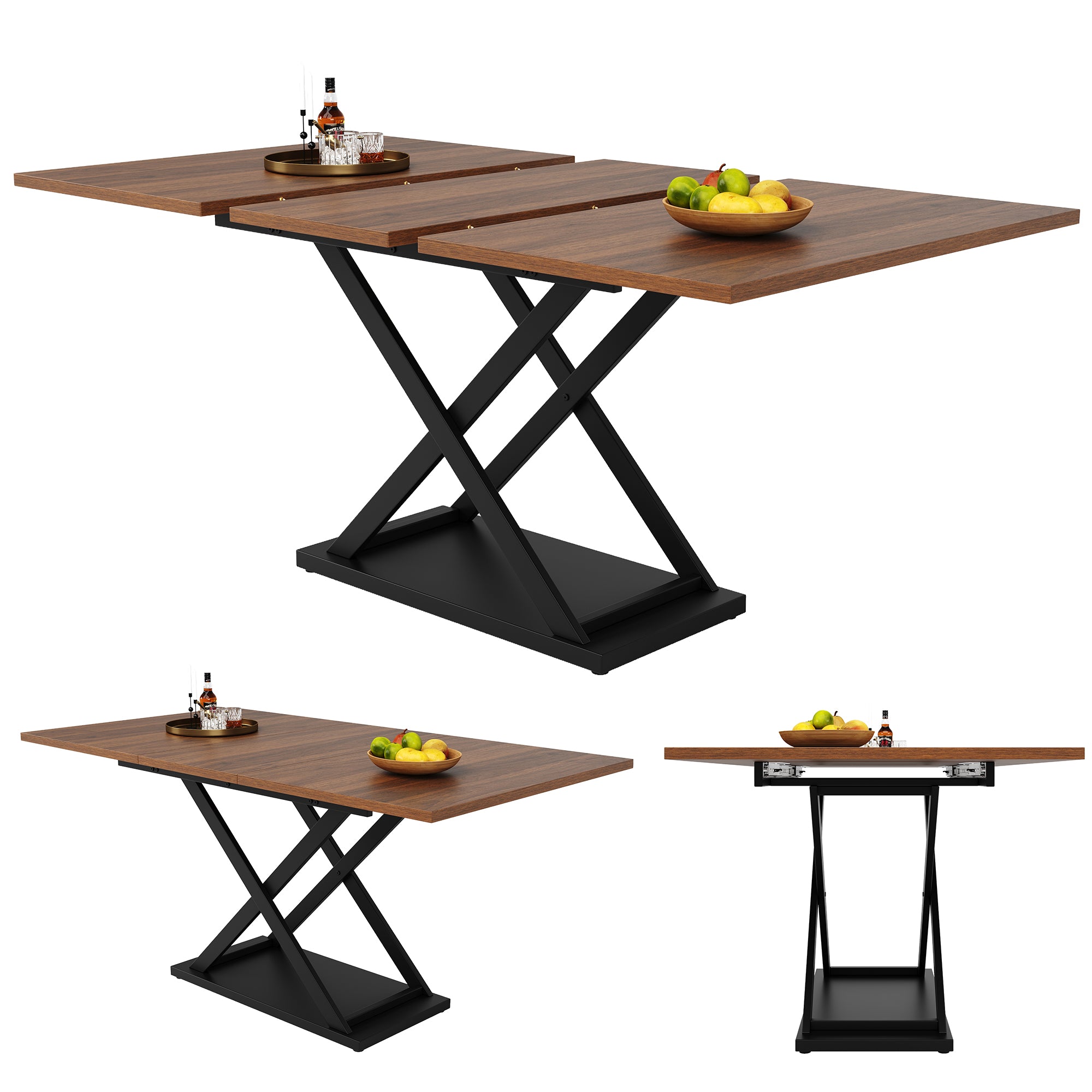Telescopic Dining Table, Extendable Space-Saving with Crossed Iron Legs, Walnut