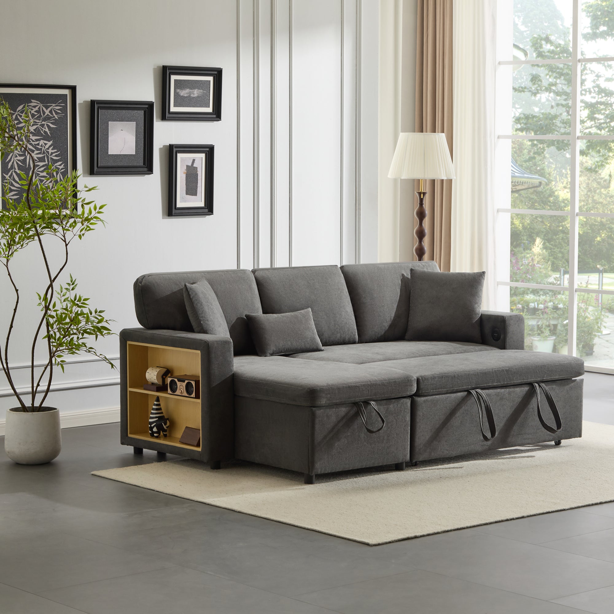 Corner Sofa Bed, L-Shaped Extendable with Storage & Shelf, Dark Grey