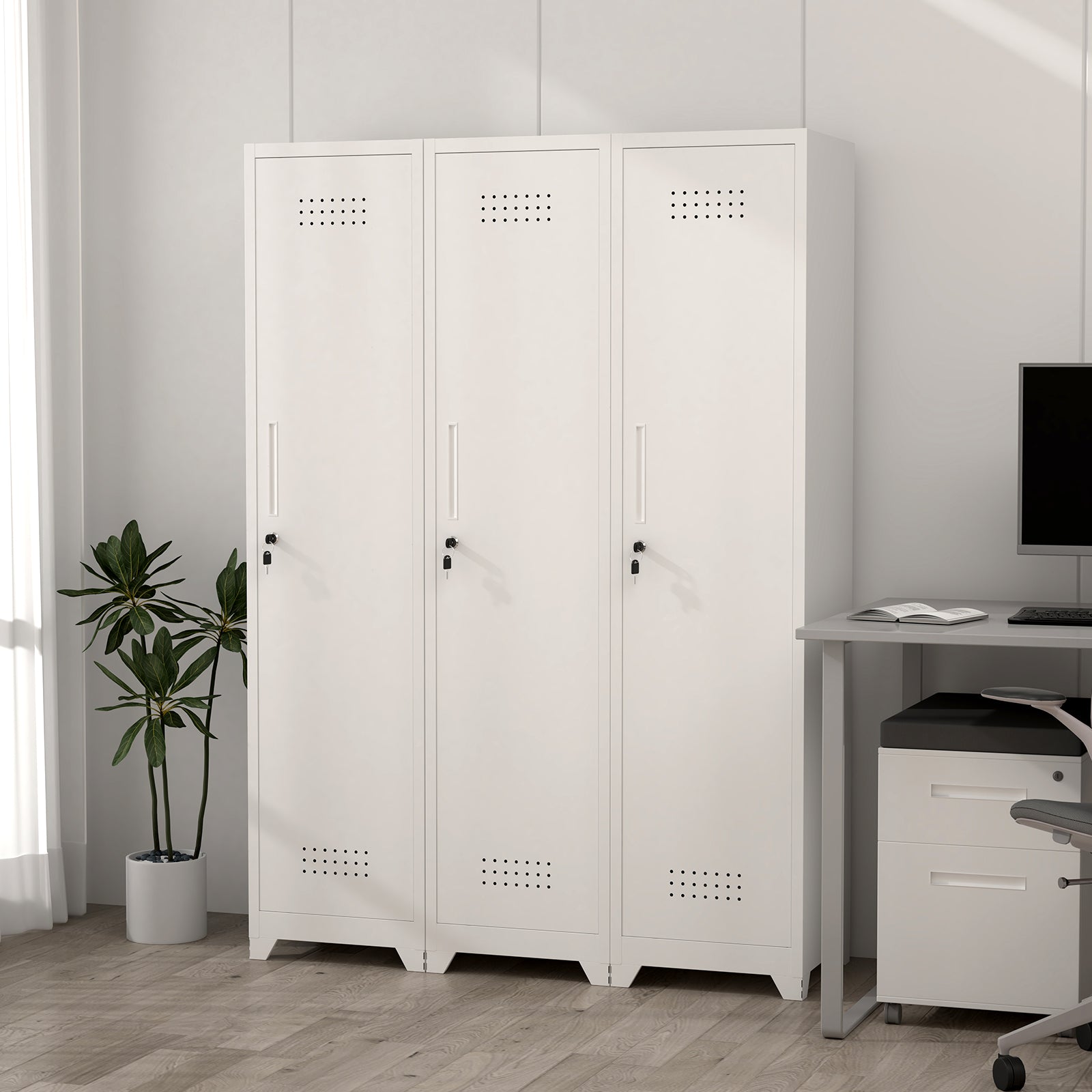 Slim Broom Storage Cabinet with Shelves, Hanging Rod and Locking Door, Metal