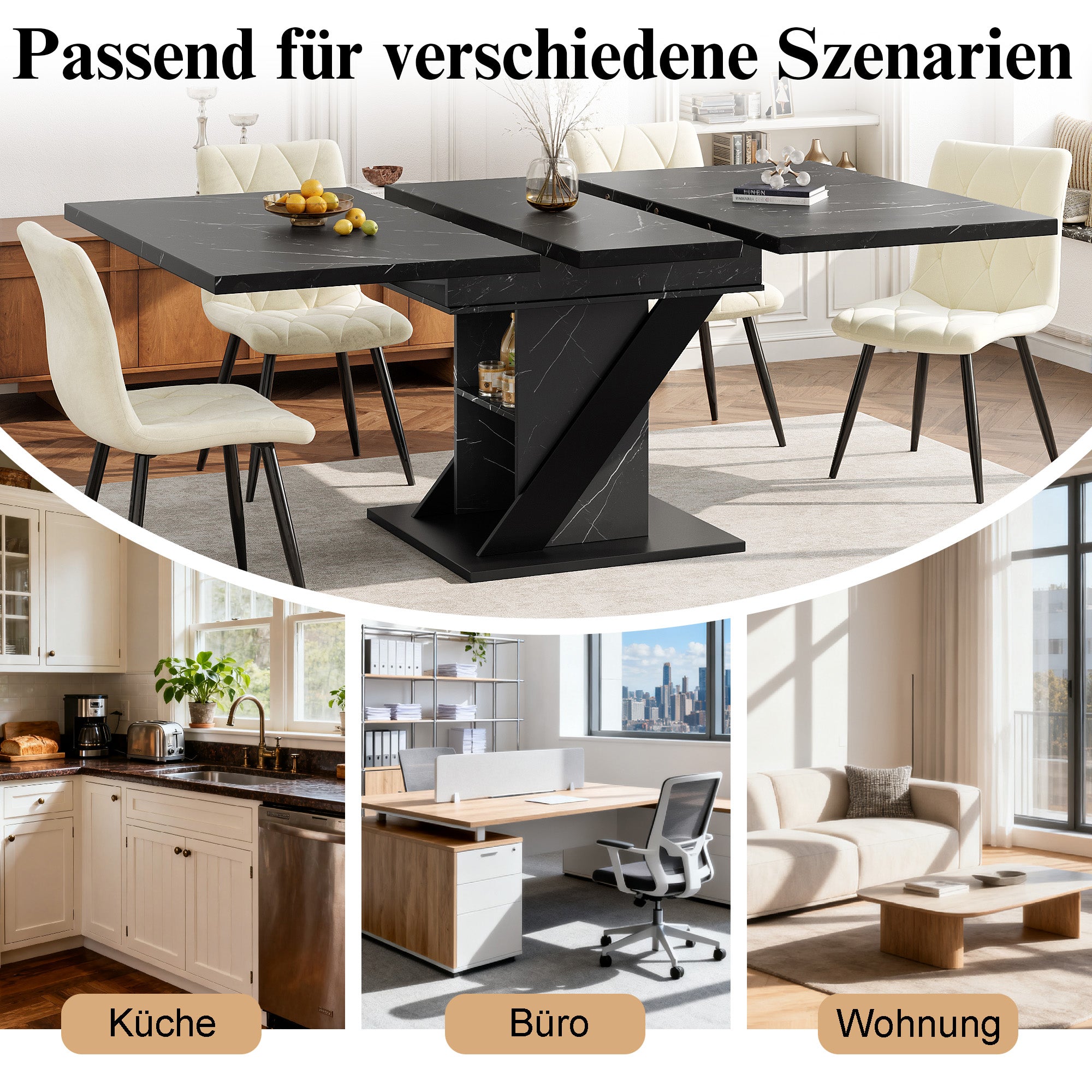 Telescopic Dining Table 110-140x80cm Extendable - Black Marble Look