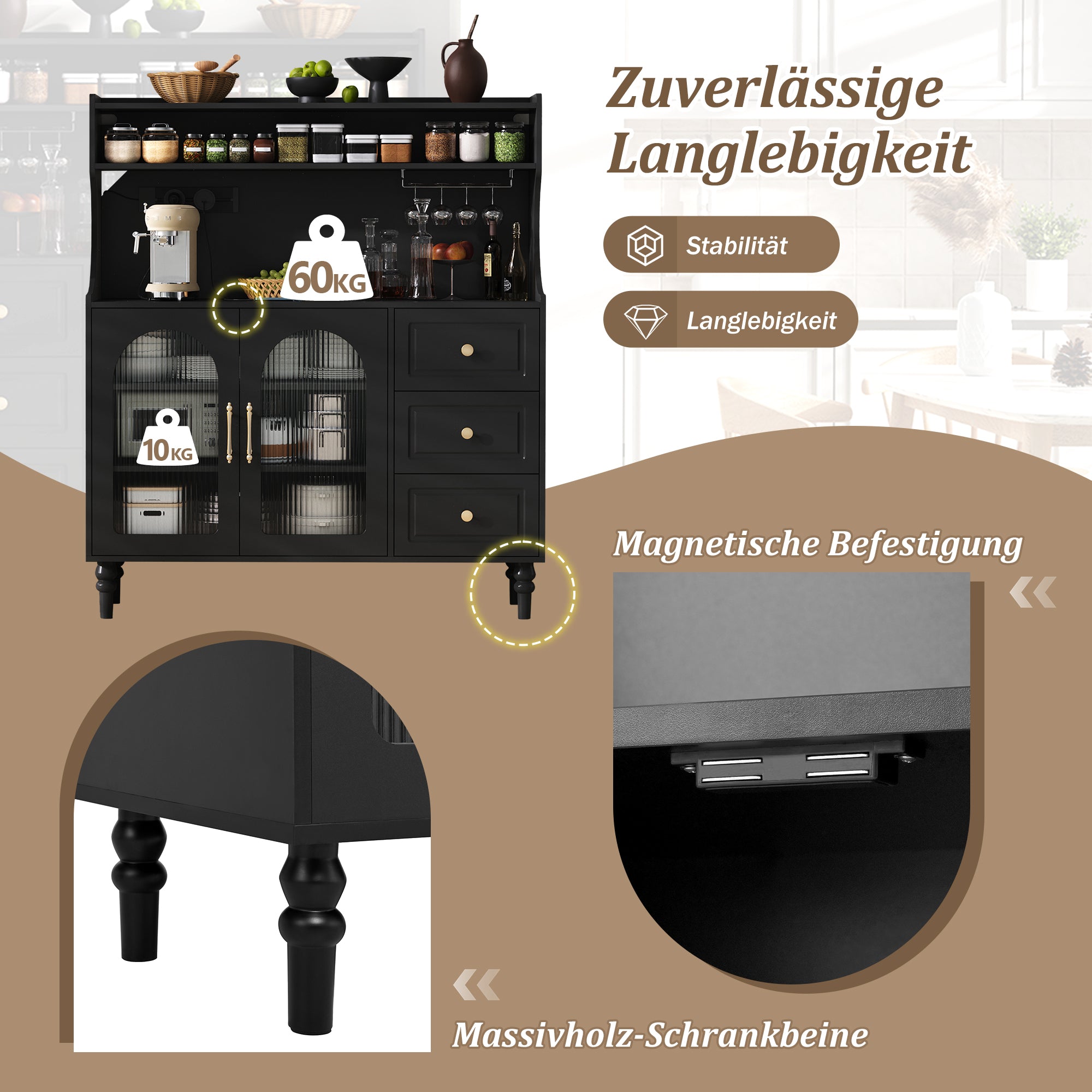 Tall Cabinet Bar Storage with Sockets, Wine Rack & Adjustable Shelves - Black