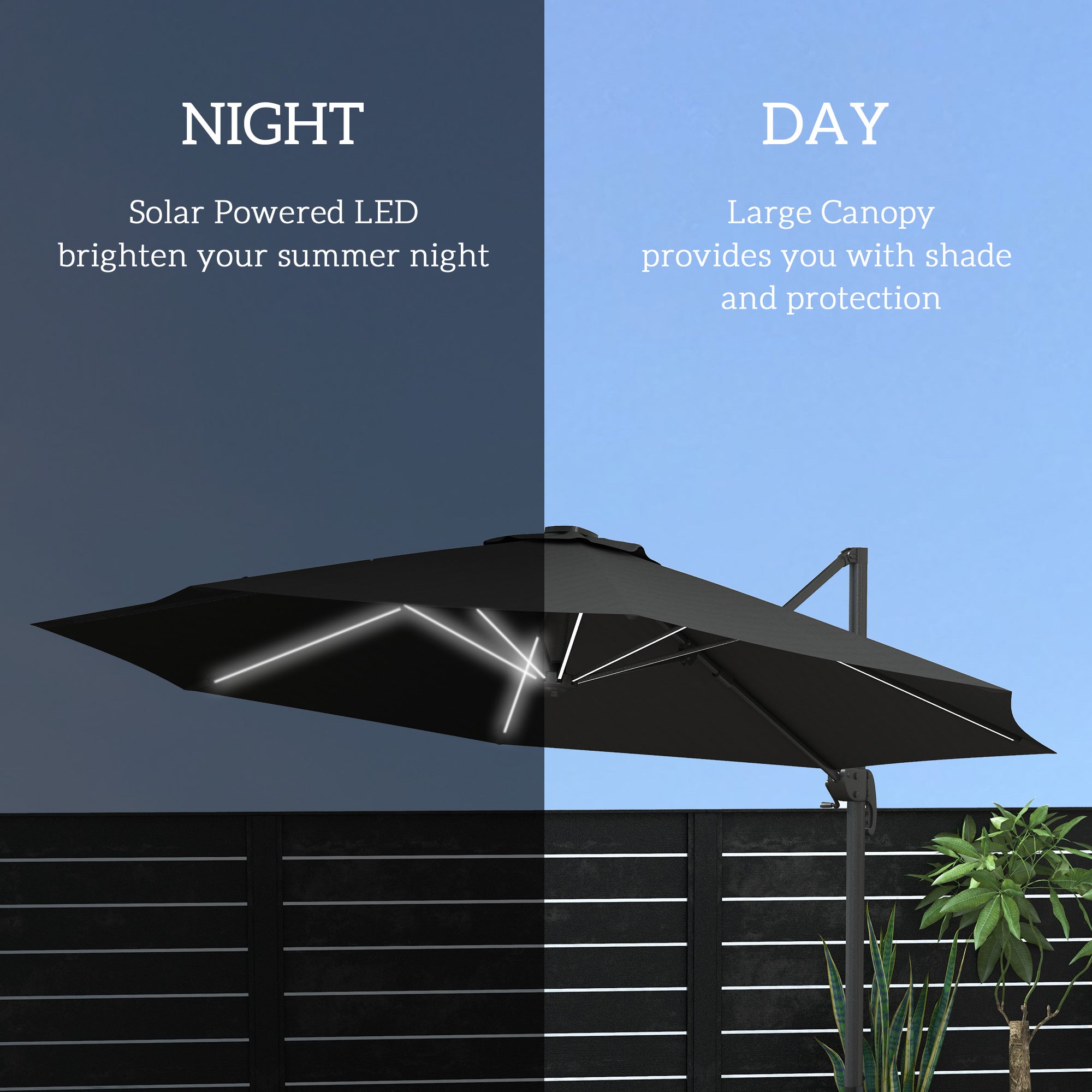 Cantilever Parasol, 3m Adjustable with Base Solar LED Lights, Dark Grey