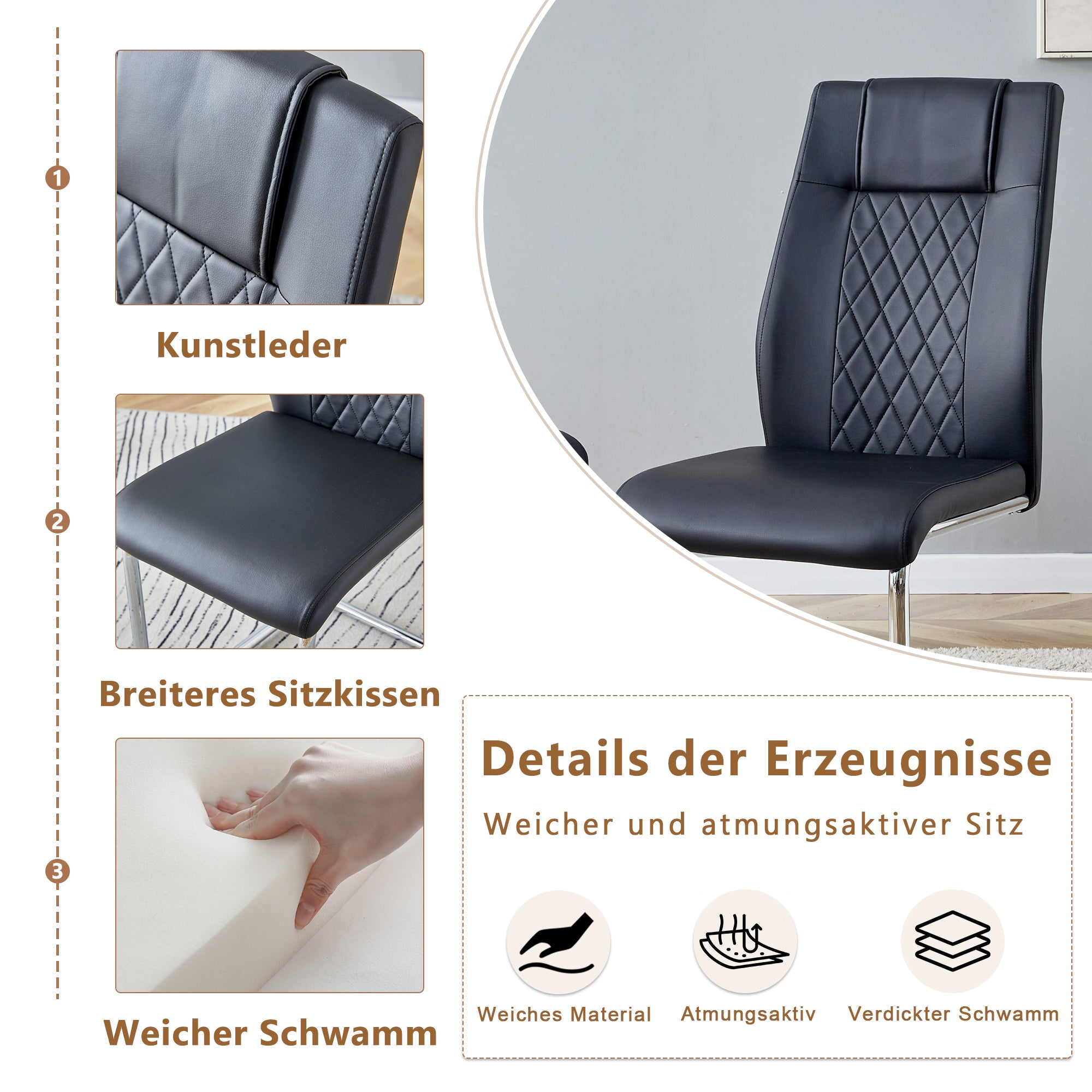 Dining Chair, Nordic Style Mesh Stitching with Silver Metal Legs, Black PU