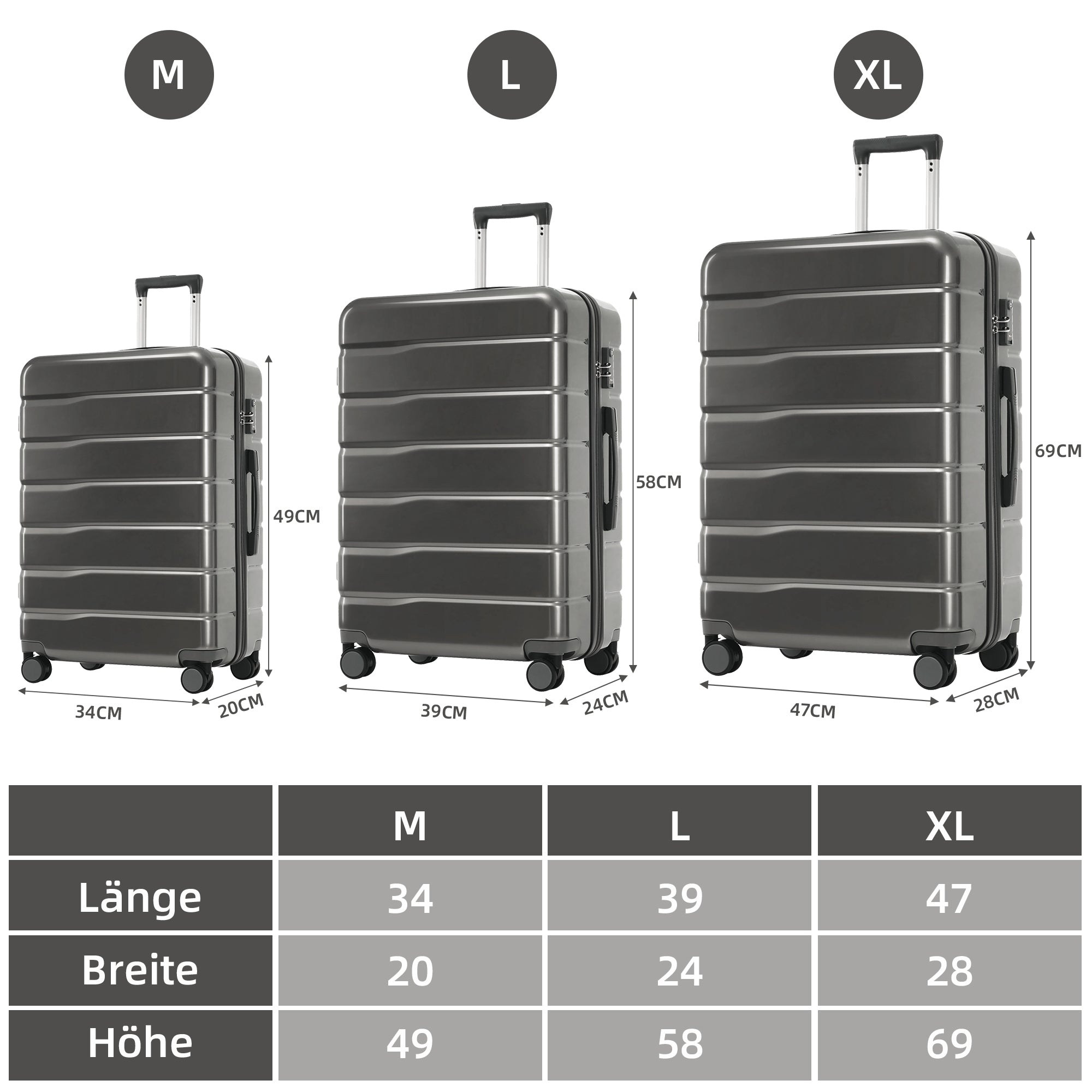 M-L-XL Suitcase Set (20"&24"&28") with Double 360° Swivel Wheels, TSA Lock, ABS+PC Material