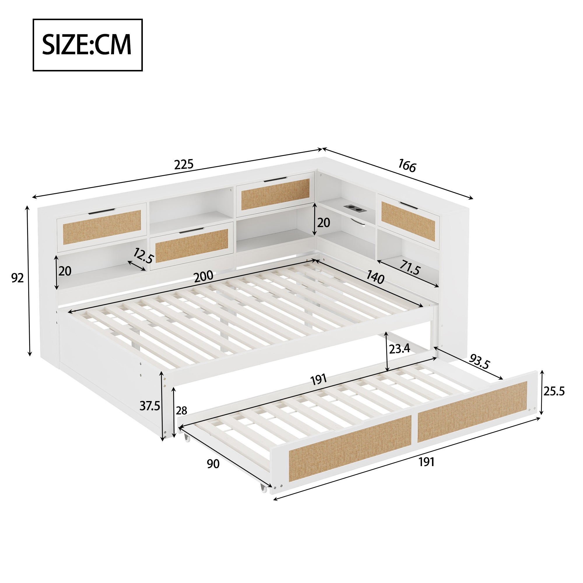 Sofa Bed, 140*200 Multifunctional with Pull-out & Storage, Wooden White
