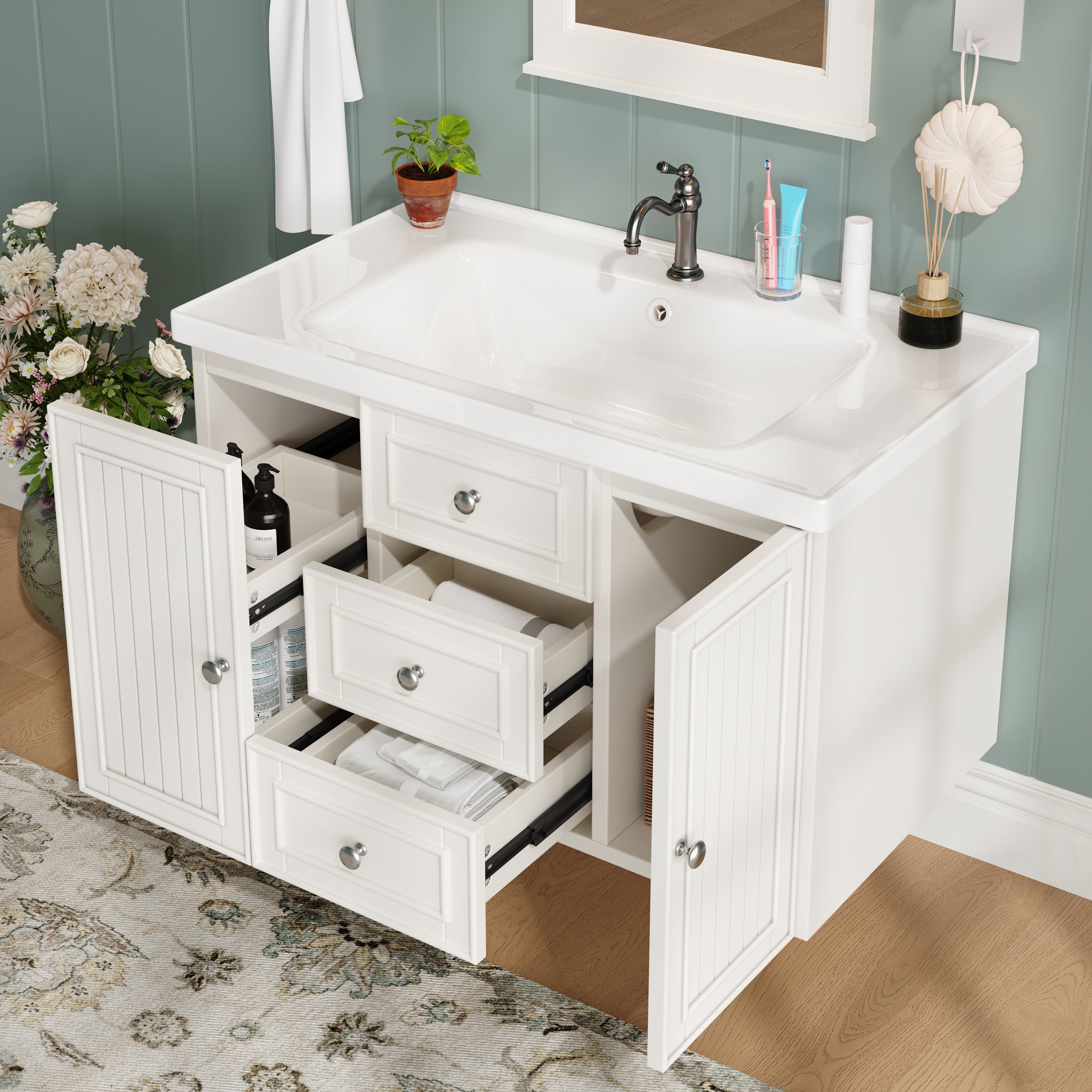 Wall-Mounted Vanity Unit 78.5cm With Sink 3 Drawers - White