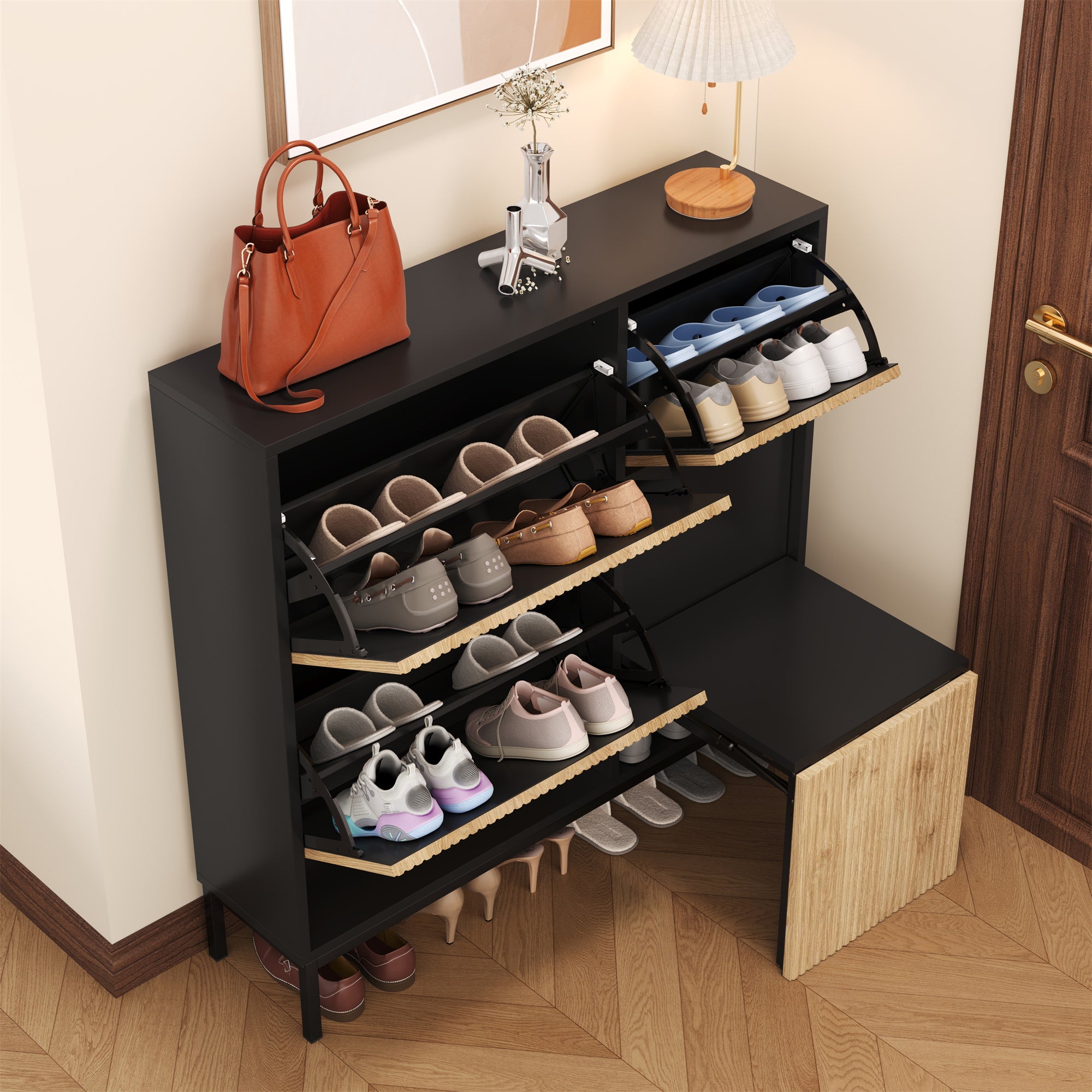 Shoe Cabinet with Changing Stool, 3 Flaps & Open Storage, Black + Wood Color
