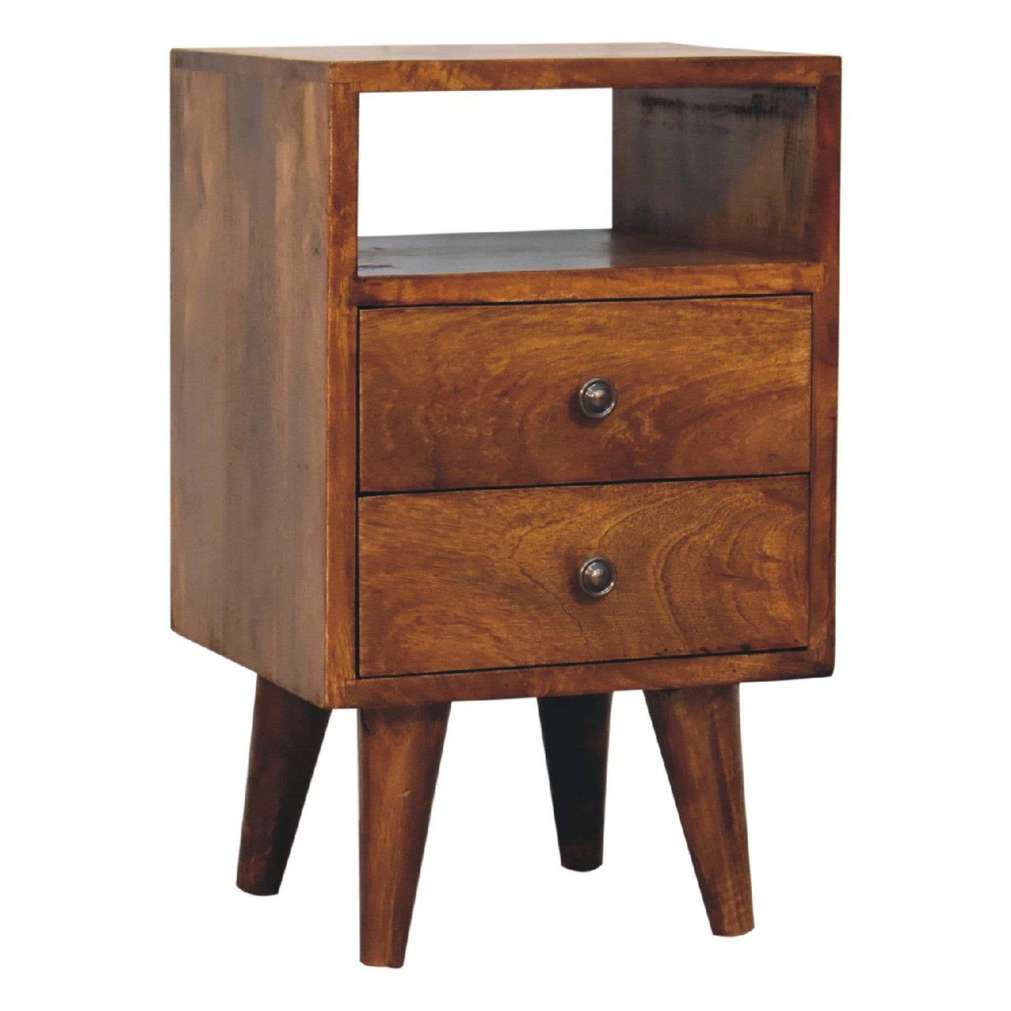 Solid Wood Bedside, 2 Drawers and Open Slot, Dark Brown