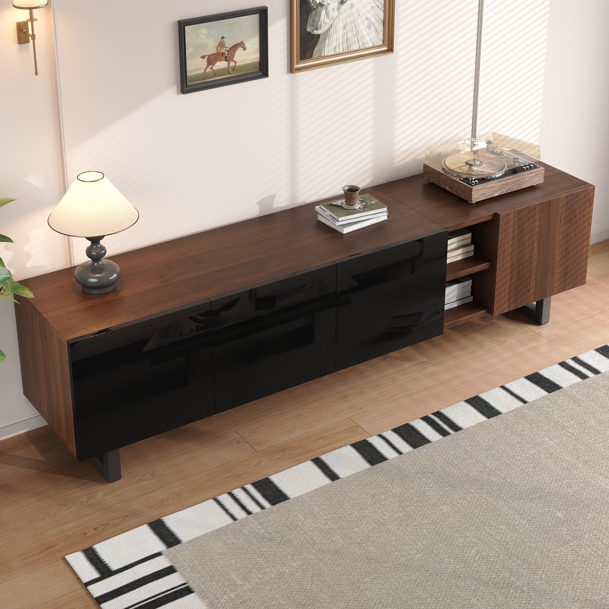 TV Cabinet with Four Doors, Low Stand, Vintage Wood Grain