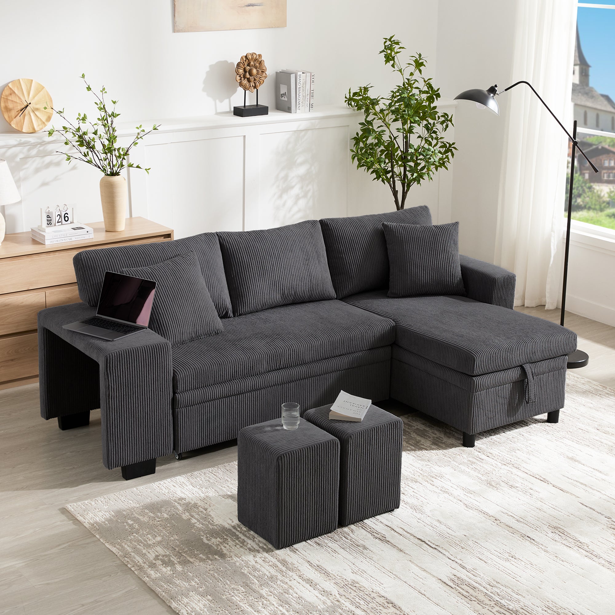 Sofa Bed L-Shaped Convertible 3-Seater with USB Charging, Side Shelves & Storage Space